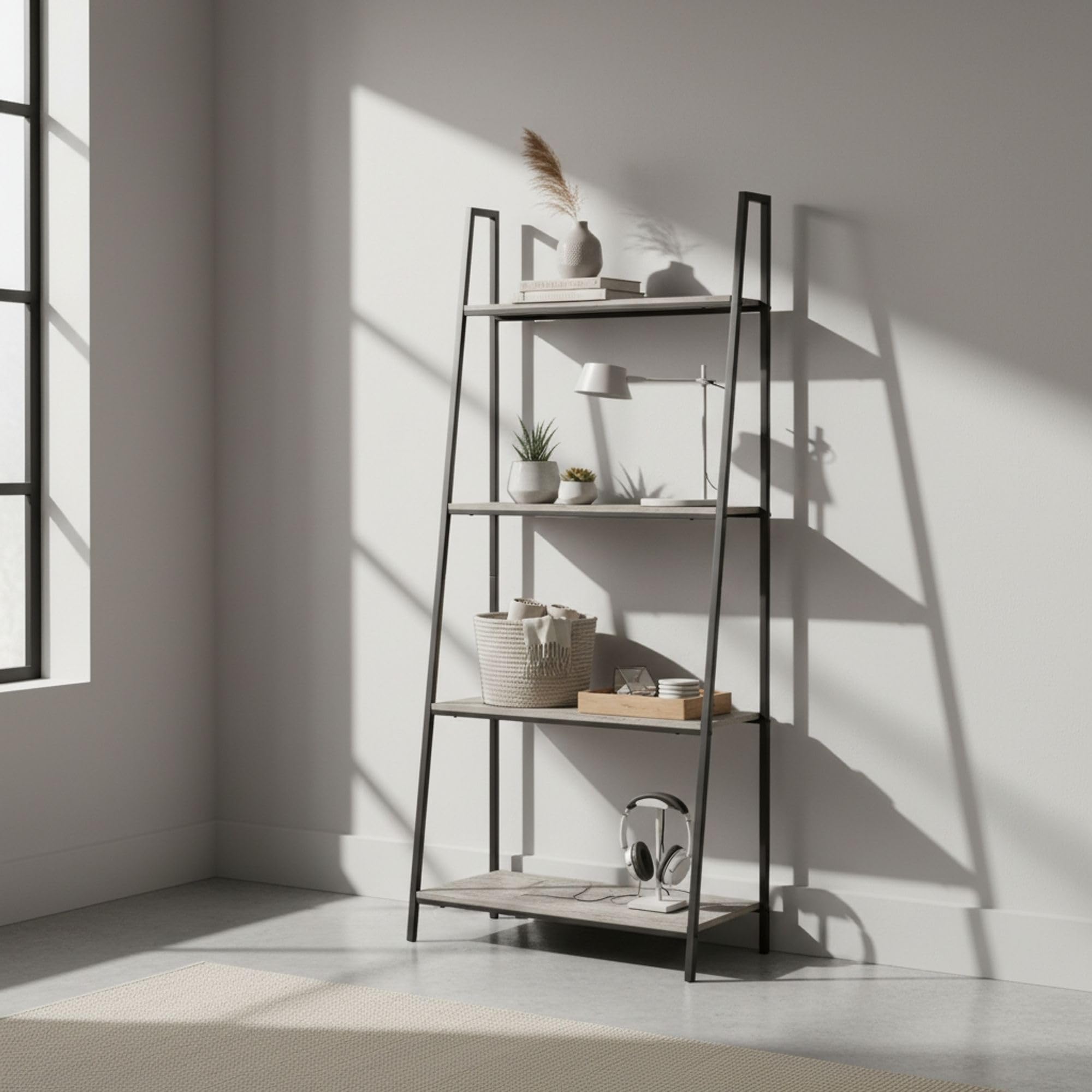INDE MOBLEKIT | Estantería de Madera y Metal Negro 4 Niveles 60×34.5×150 cm, Librería Moderna con Baldas para Libros, Estantería Almacenaje Hogar y Decoración, Acabado Mate Fácil Montaje