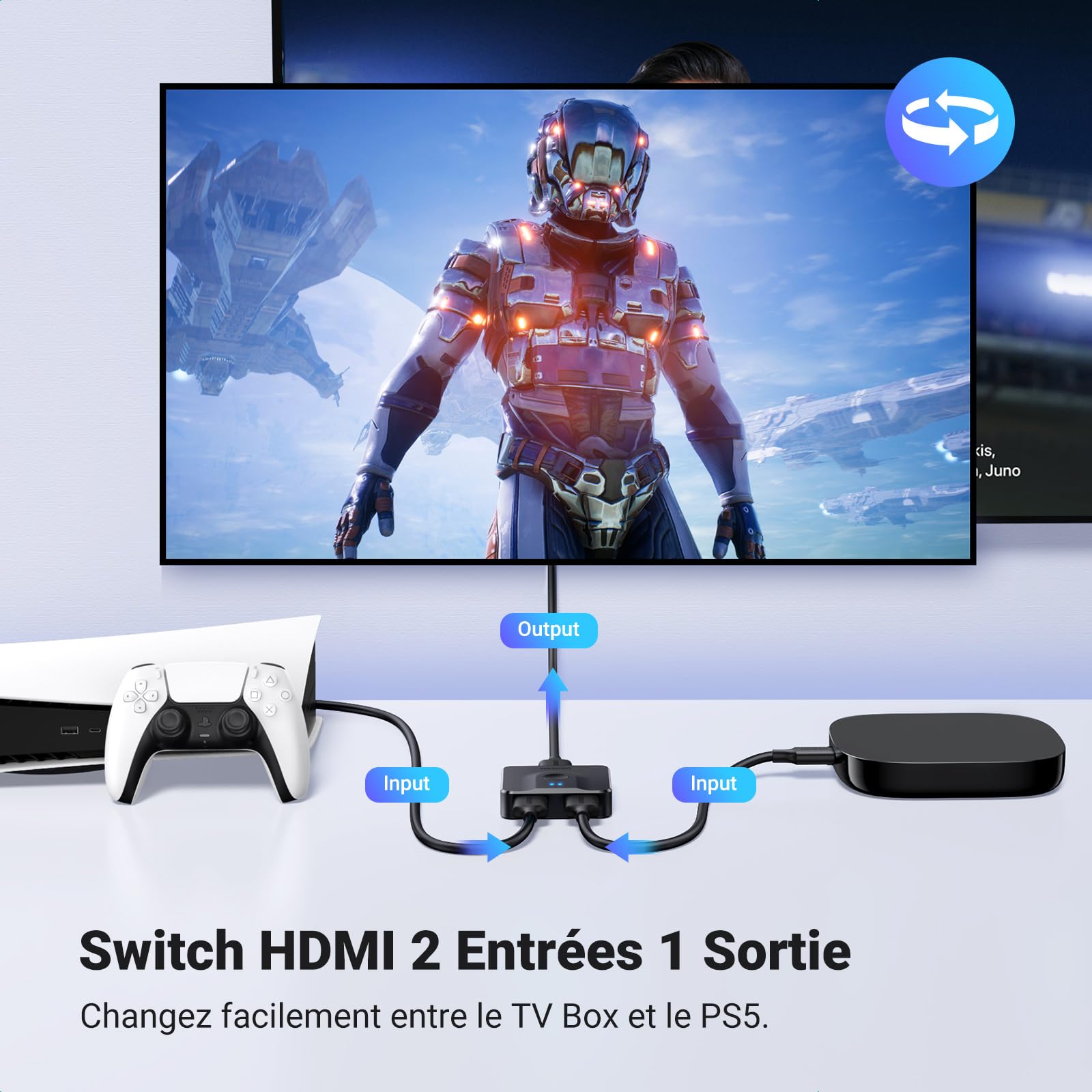 UGREEN Commutateur HDMI 4K 60Hz 2 Entrées 1 Sortie HDR CEC Dolby Atmos Compatible PC PS5 Xbox Noir