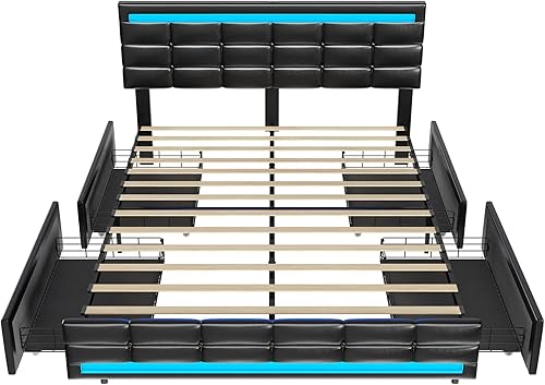 Miniatura 9 de ADORNEVE Marco de Cama Queen con Luces LED Cama Plataforma de Cuero con Cajones de Almacenamiento y Estación de Carga, Marco de Cama LED Tamaño Pu