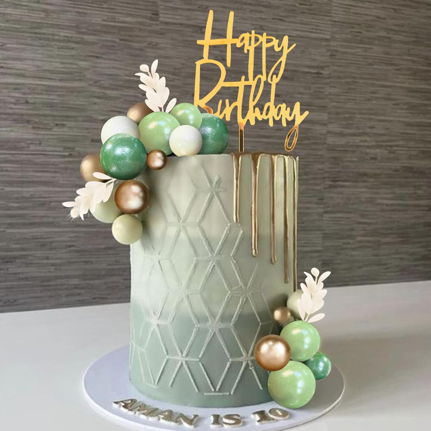 DRWATE Pearlescence Green White Balls Cake Topper Boho Grass Cake Topper Happy Birthday Cake Decorations for Wedding Baby Shower Birthday Boho Themed Party Supplies (Pearlescence Green)