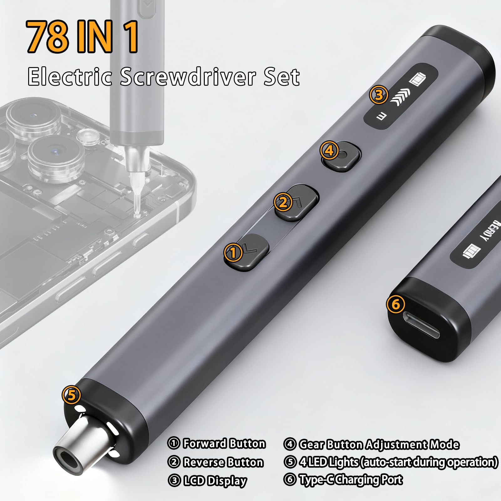 Set di cacciaviti elettrici 78 in 1, cacciavite di precisione, 5 modalità di coppia con 72 punte magnetiche di precisione, cacciavite per telefono, fotocamera, computer, orologio, laptop droni