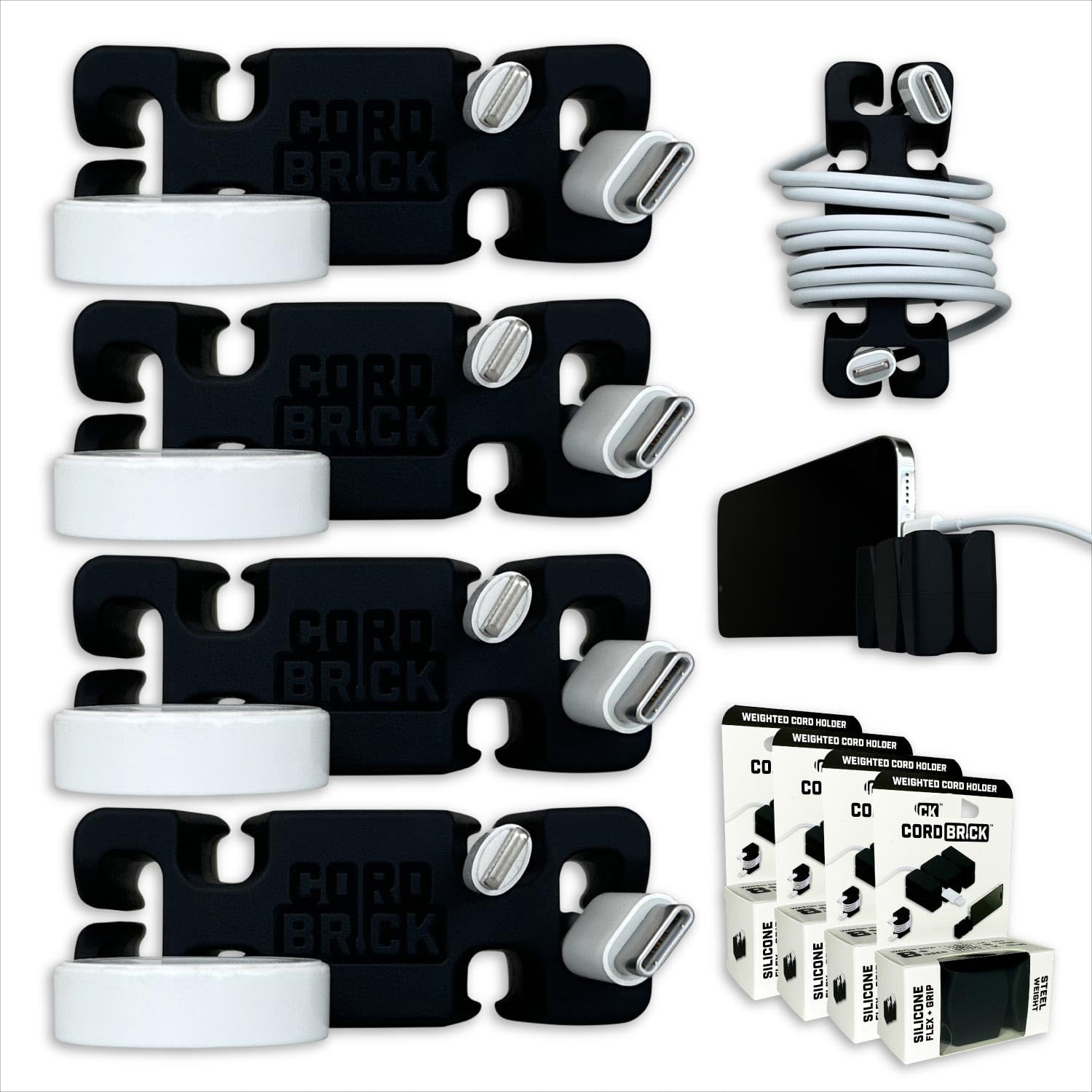 CordBrick 4pk Weighted Cord Holder for Nightstand - Phone Charger Cable Management for Travel - Phone Accessory Stocking Stuffers for Adults - Multipurpose Gift for Home, Office, Black