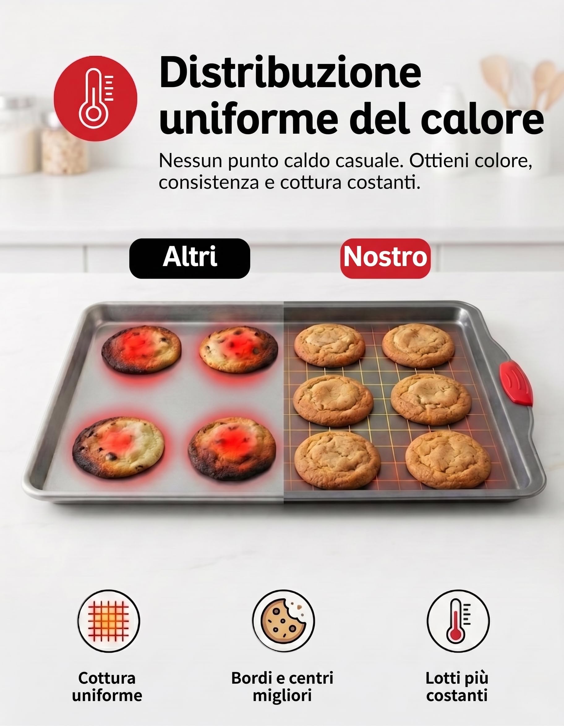 Set 3 Teglie da Forno Antiaderenti in Acciaio al Carbonio - Vassoio per Biscotti con Manici in Silicone, Placca da Forno Resistente a Deformazioni e Ruggine, Senza PFOA per Cottura Uniforme