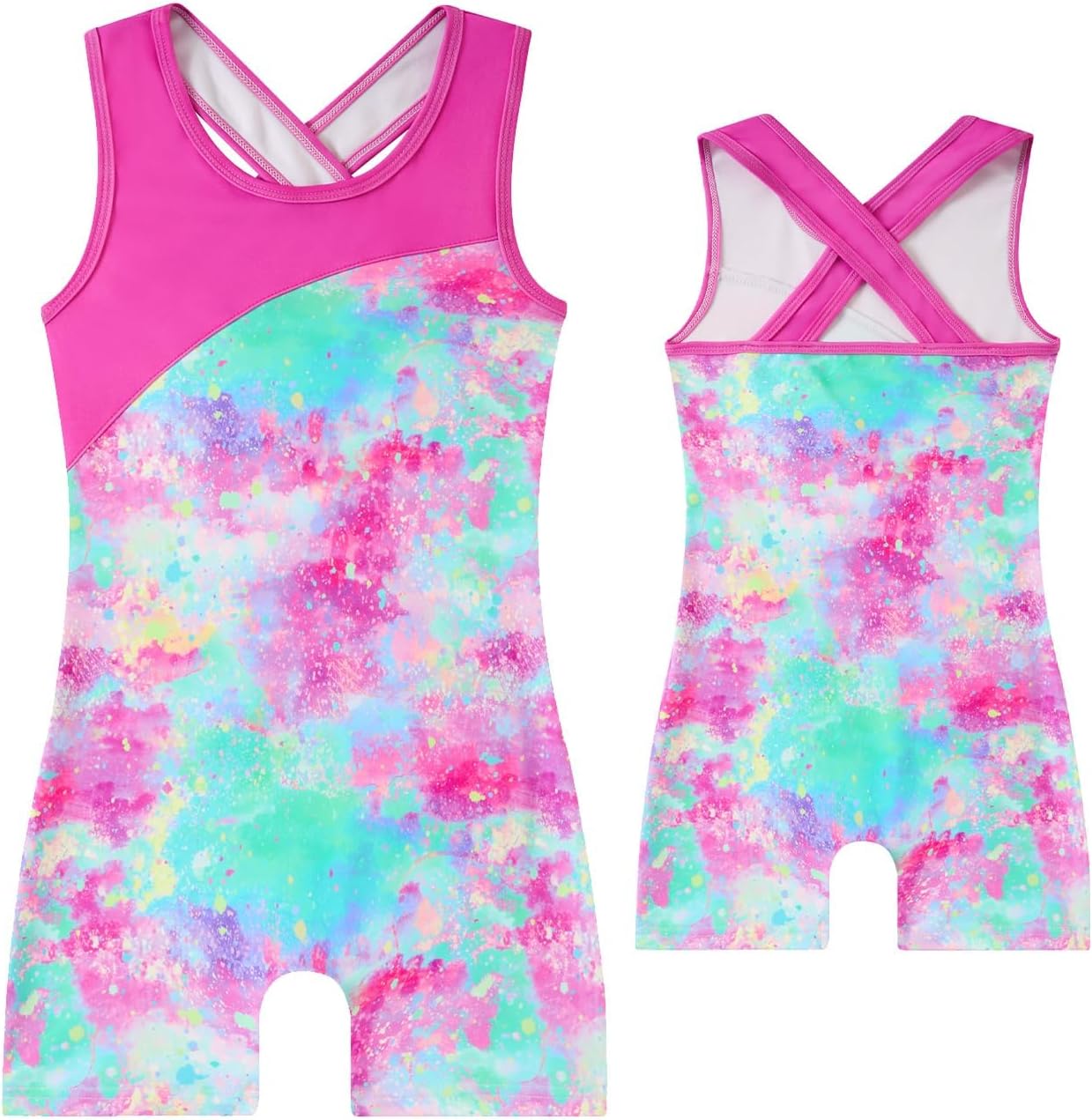 uideazone Gymnastic Leotard for Girls Criss-Cross Strap Tumbling Outfit Color Block Unitards Biketard with Shorts 4-10T