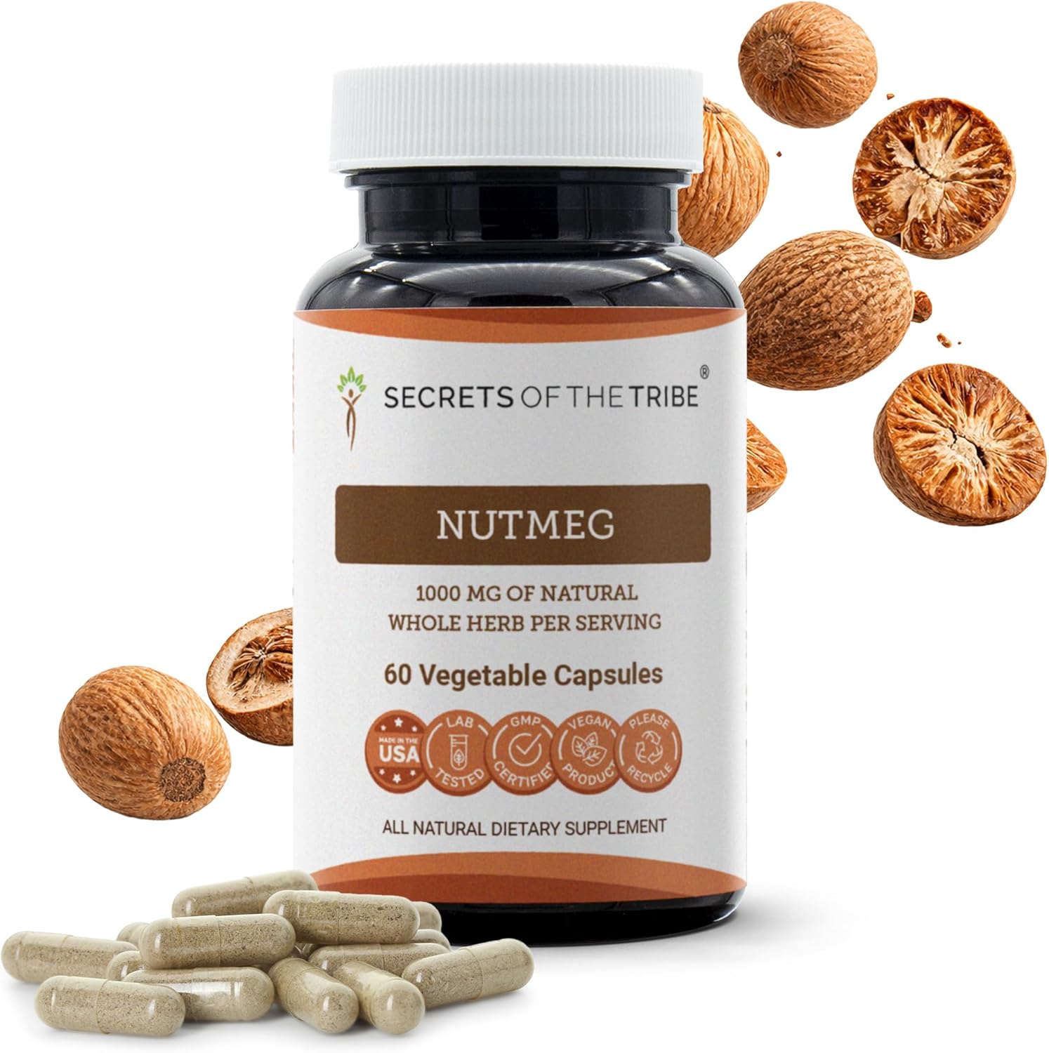 Secrets of the Tribe Nutmeg 60 Capsules, 1000 mg, Nutmeg (Rou Dou Kou, Myristica Fragrans) Dried Nut (60 Capsules)