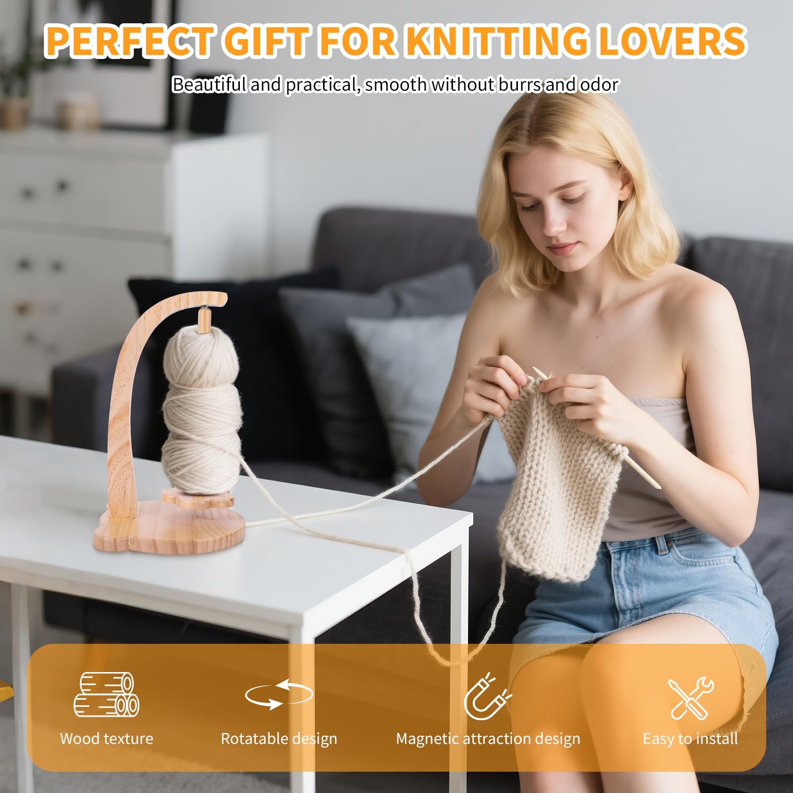 Wooden Yarn Holder for Crochet & Knitting, Magnetic Rotating Yarn Spinner Rack, Stable 320g Yarn Shaft Dispenser - Image 4