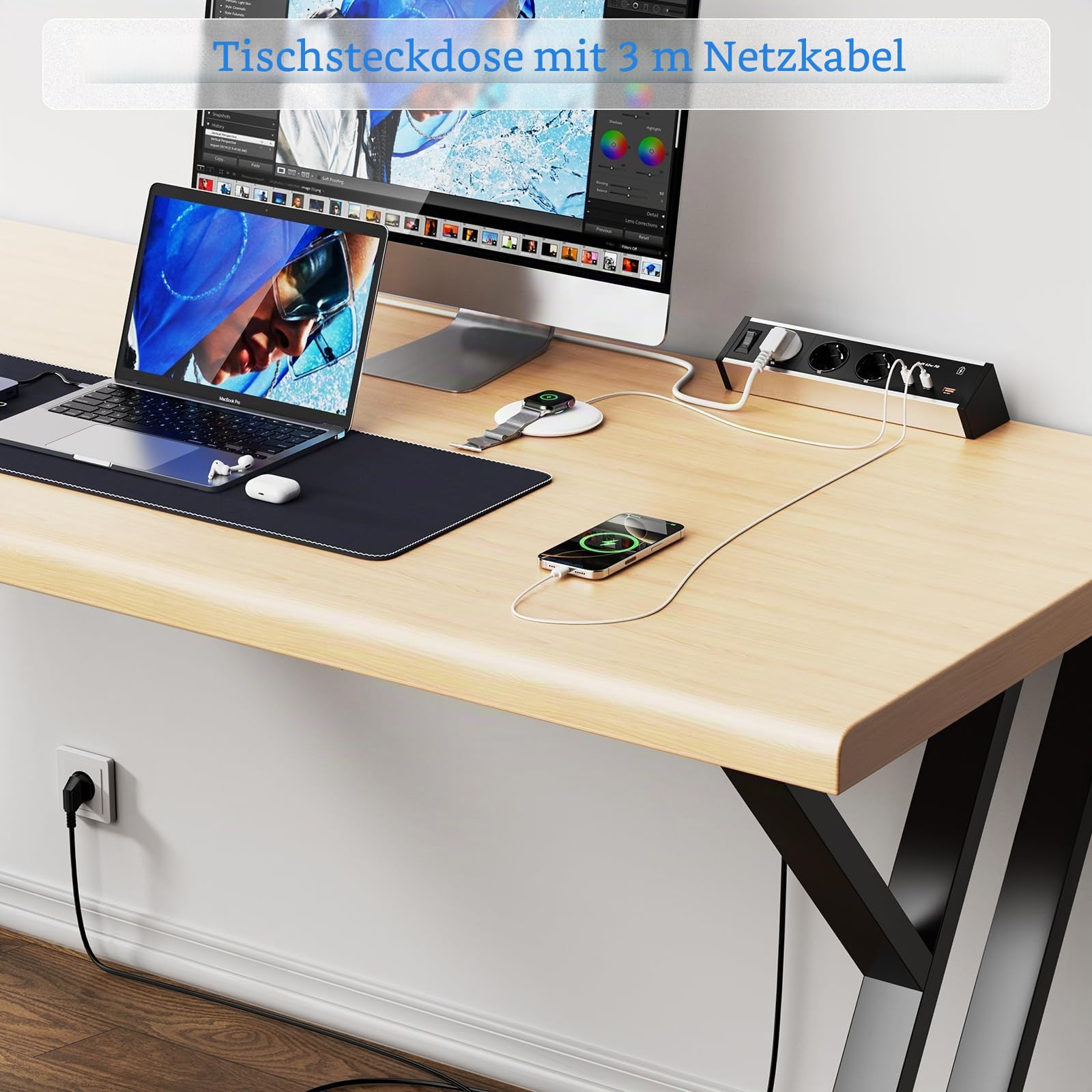 Tischsteckdose mit USB-C PD 65W GaN, 3-Fach, zum Anklemmen