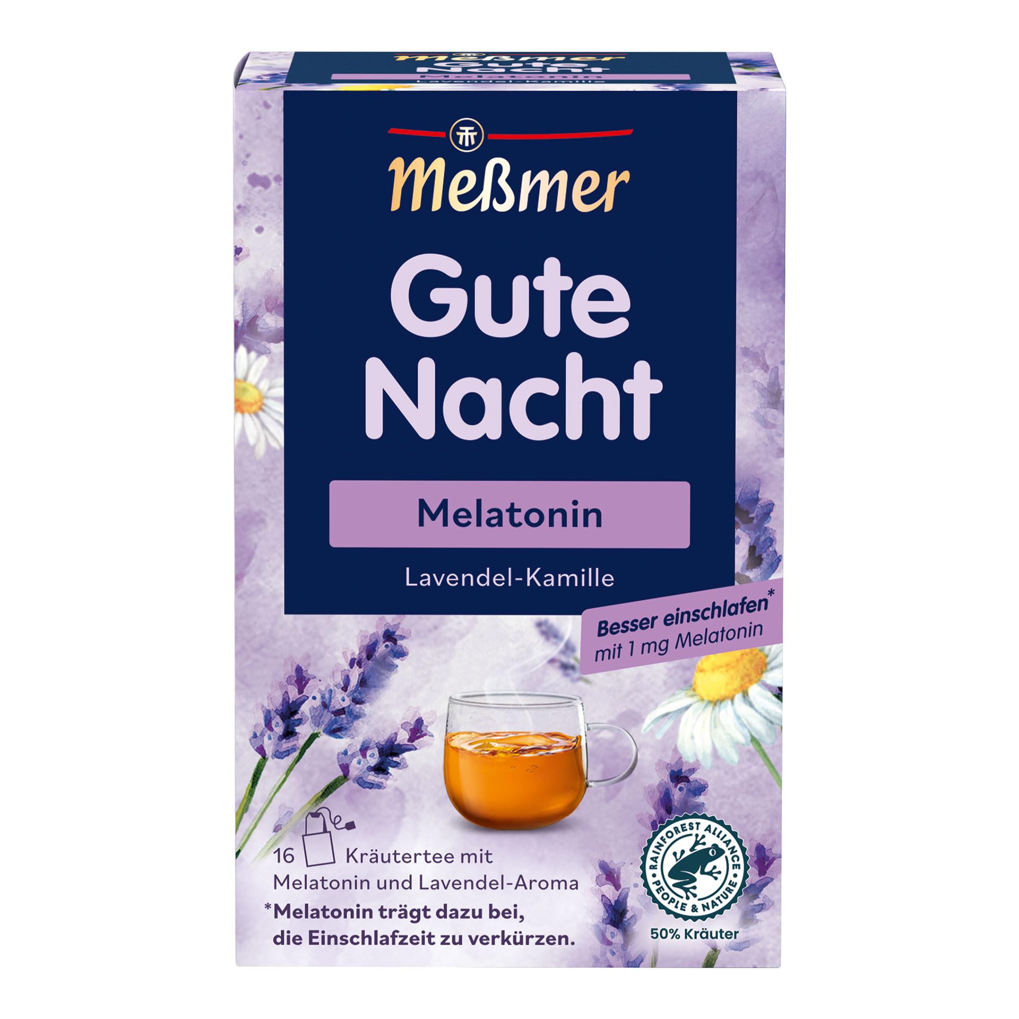 Meßmer Gute Nacht | Melatonin | Kräutertee mit Lavendel und Kamille | 16 Teebeutel