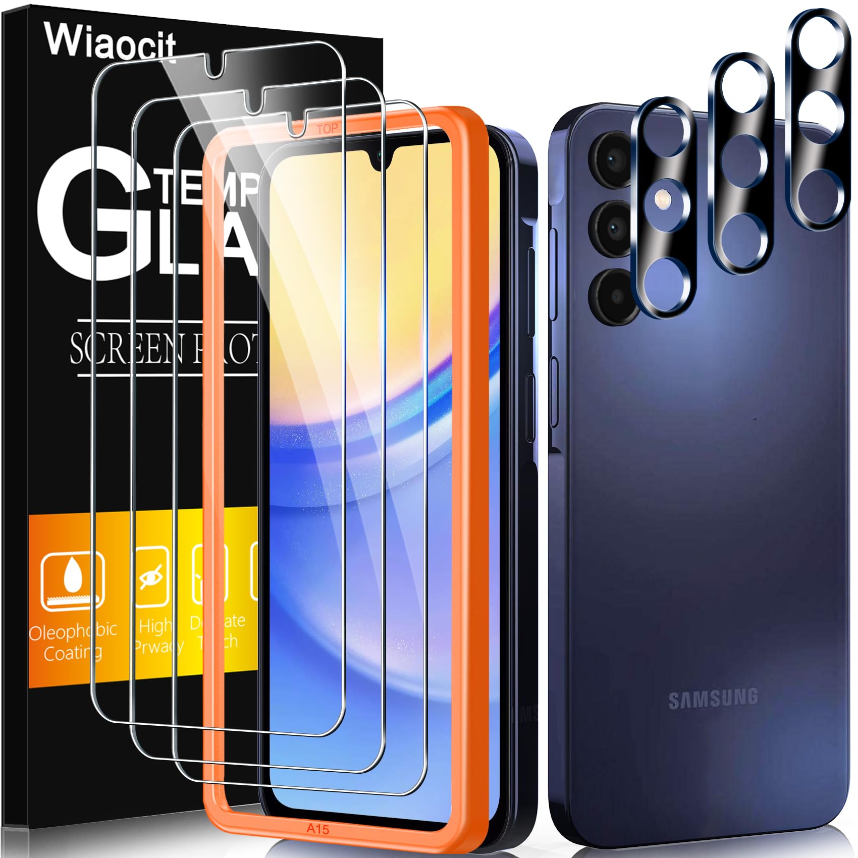 Wiaocit 3 Pack Screen Protector for Samsung Galaxy A15 5G/4G with 3 Pack Tempered Glass Camera Lens Protector, 9H Hardness Military Grade Shatterproof Full Coverage Screen Protector, Easy Installation