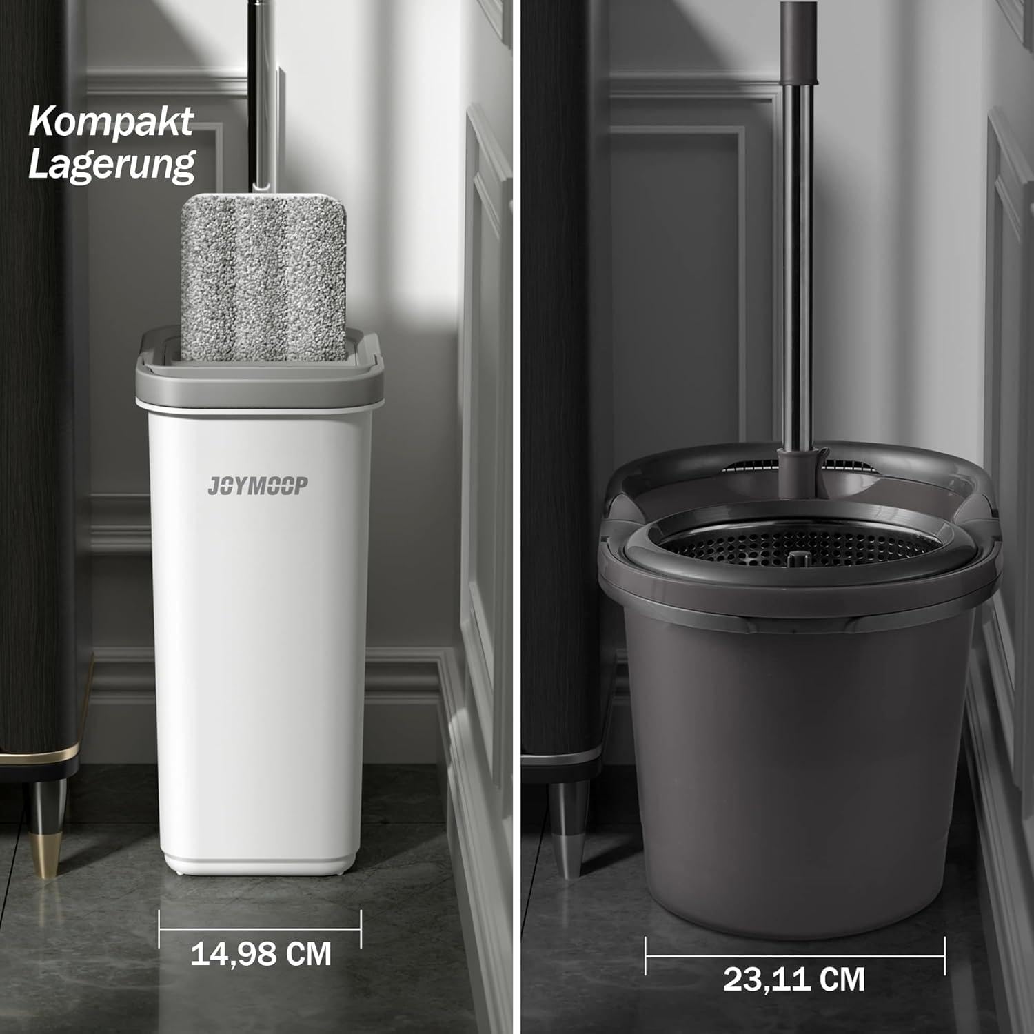 JOYMOOP Wischmopp und Eimer mit Auswringer-Set, Flacher Bodenwischer, 3 waschbare Mikrofaser-Pads, Nass- und Trockengebrauch