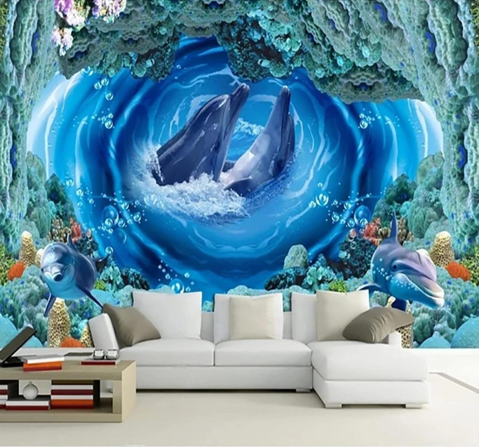 XLMING Beautiful Whirlpool Dolphin Underwater World Coral 3D Wallpaper Luxury Silk Study Dining Feature Sofa Grey Bedroom Living Room Tv Decorative Wall-350cm×256cm