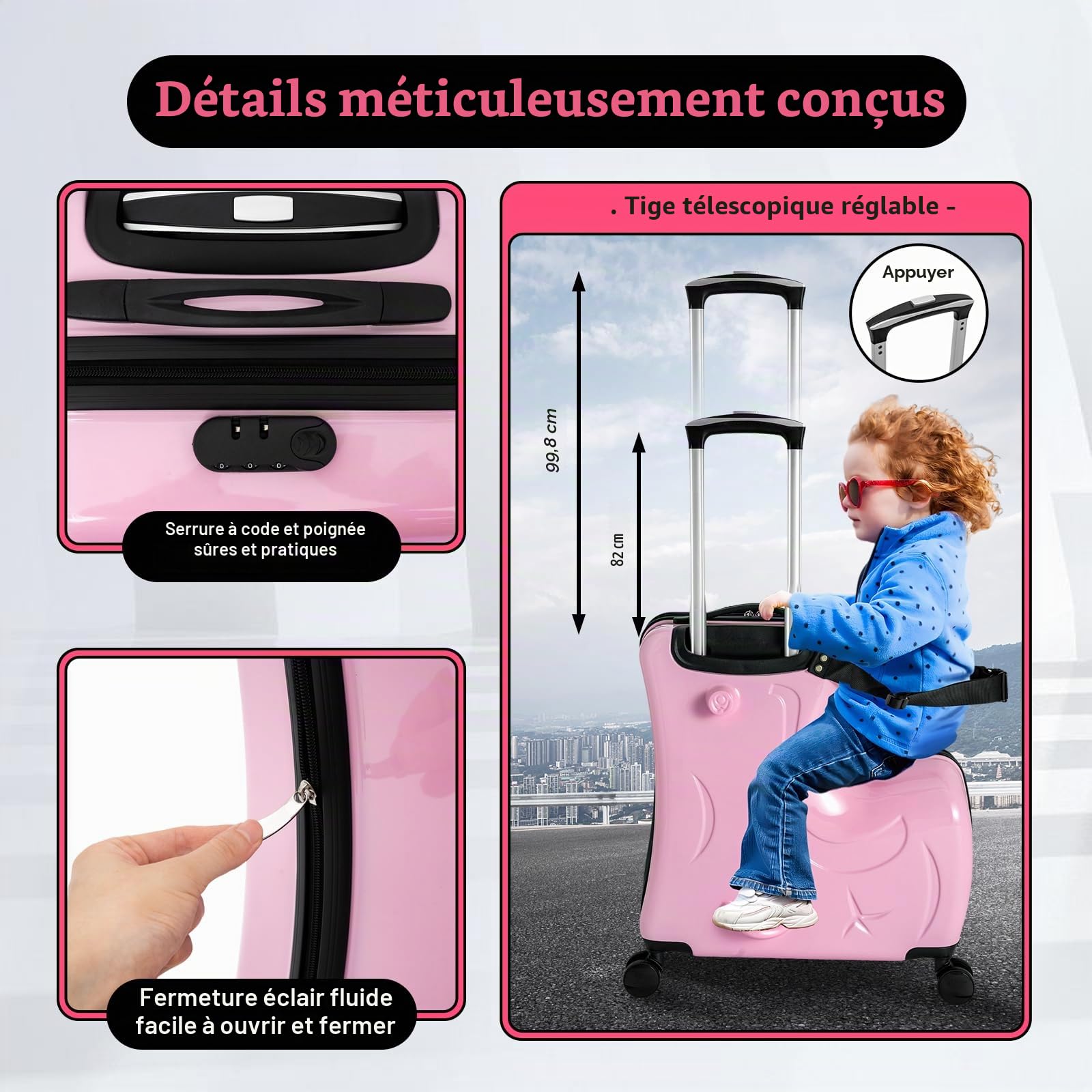 Kids Ride On Suitcase, valise pour enfant avec roulettes, valise pour enfant pour s'asseoir dessus – Particulièrement sûr grâce à la sangle et aux poignées – Chariot pour enfant avec