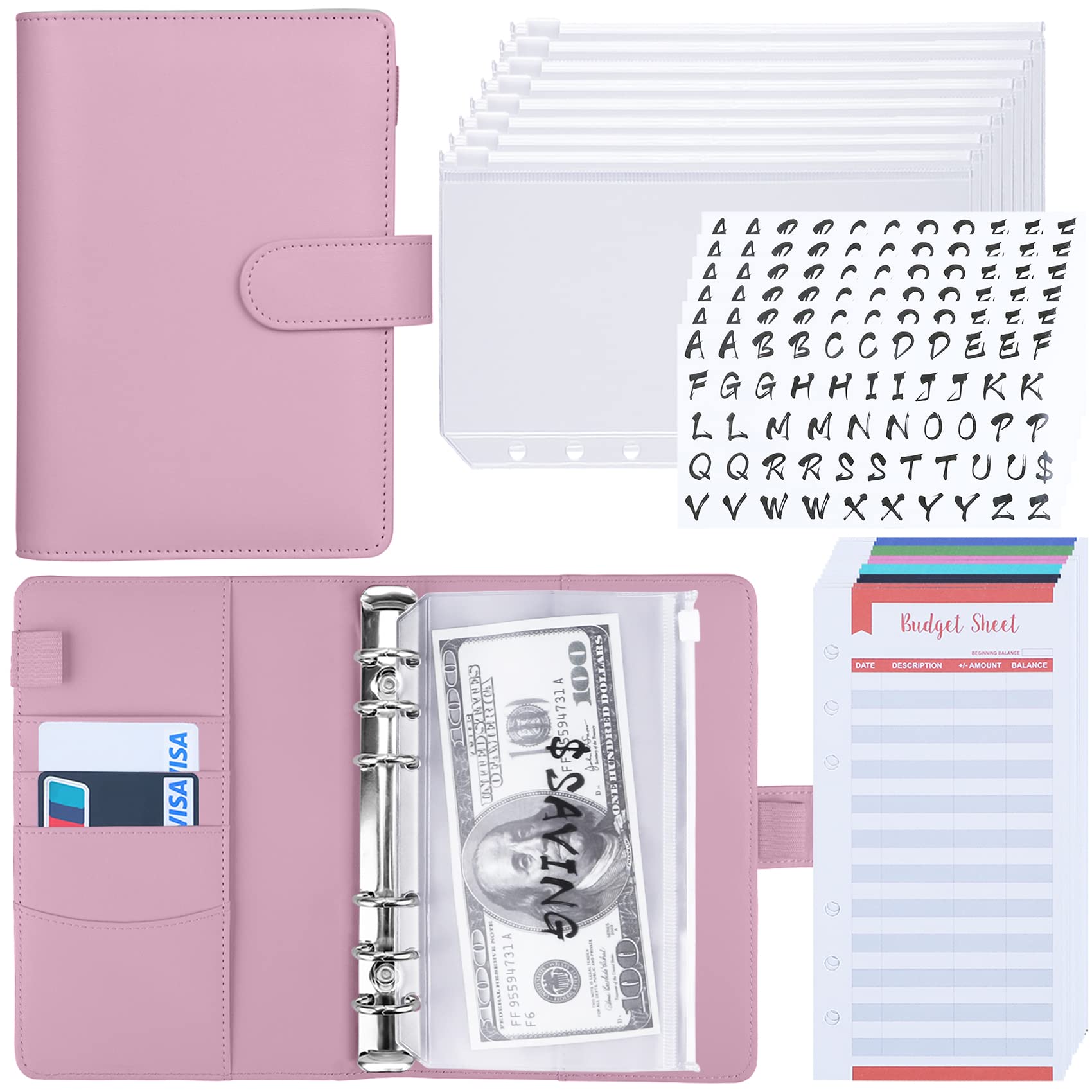 Antner Budget Binder with Zipper Cash Envelopes & Expense Tracker Sheets for Budgeting, Money Saving Binder, A6 Budget Book with Cash Envelopes for Money Organizer, Pink