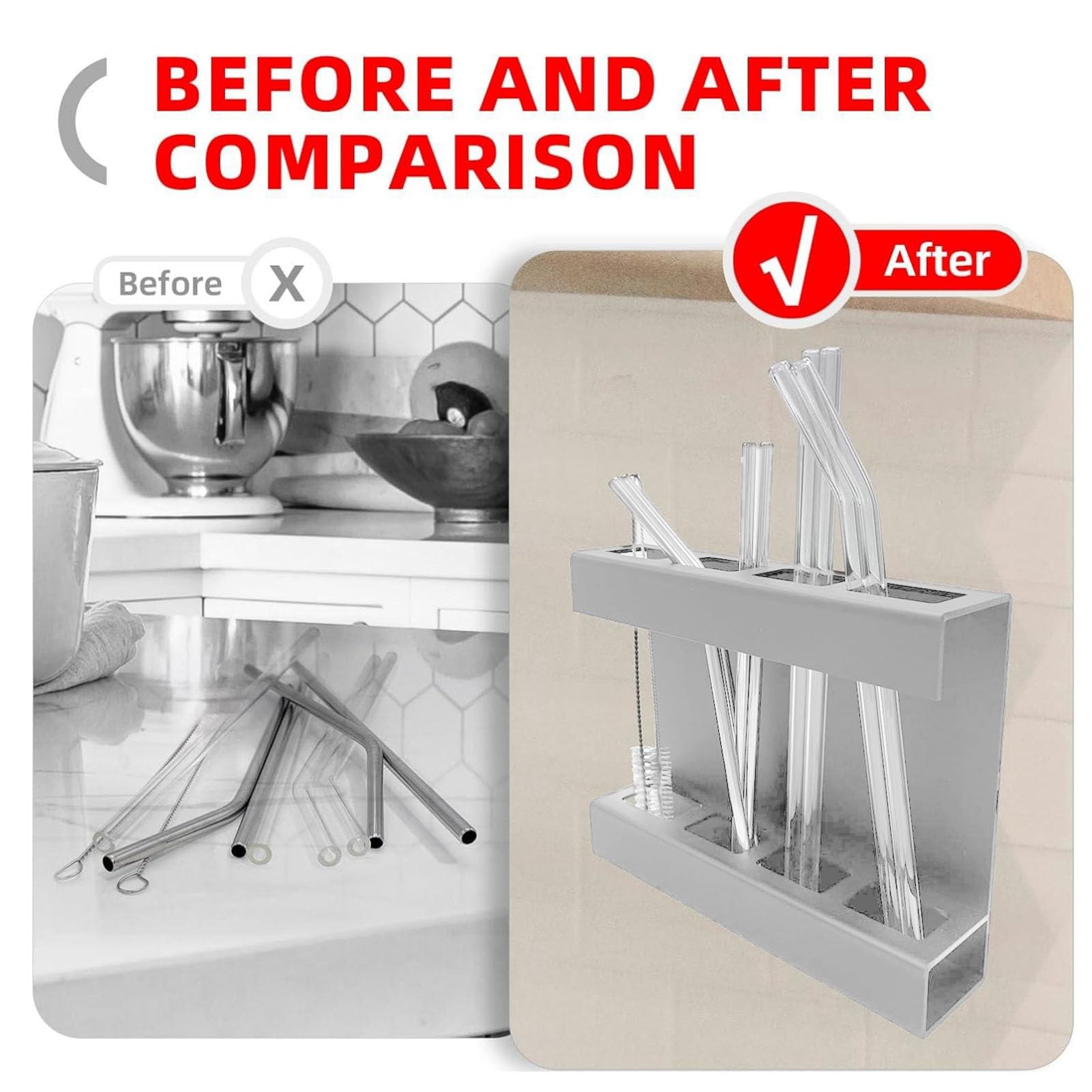Magnetic Acrylic Straw Holder – Cabinet Door Organizer With Double-Sided Tape, 5-Compartment For Tall Straws & Brushes - View #4