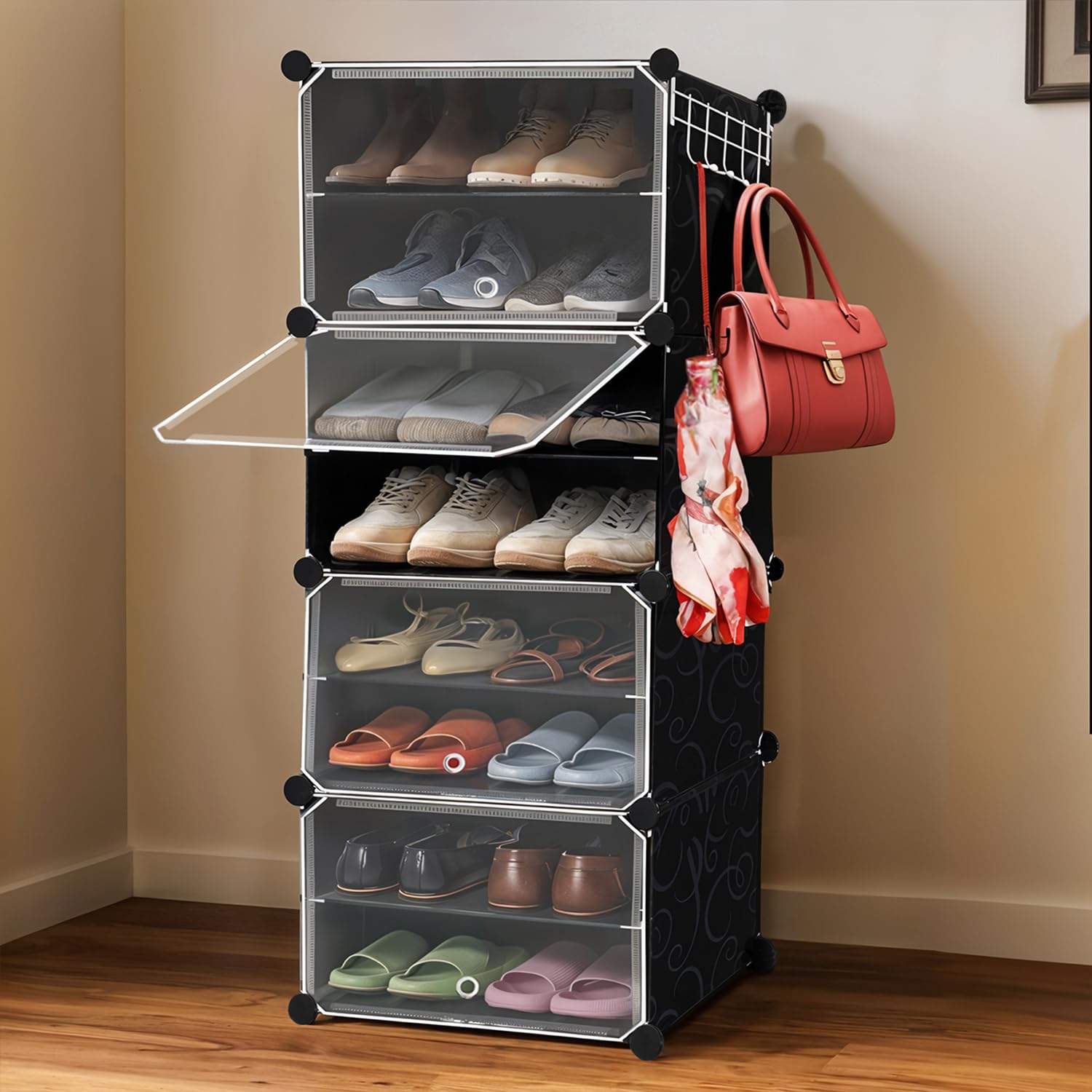 ABOUT SPACE Shoe Rack for Home with Door - 16 Pair DIY Slipper Stand with Hanger, 4 Cube Expandable Shelves Closed Shoes Rack for Home Men, Women Heels Boots Flip-Flops (Black - L40 X B30 x H120 cm)