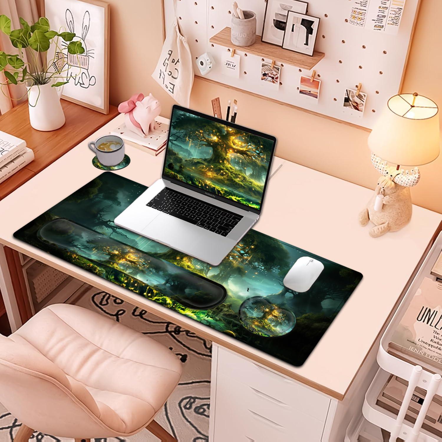 Großes Mauspad + Tastatur-Handgelenkauflage-Set, erweitertes Gaming-Mauspad (80 x 29 cm) mit rutschfestem Gummi, ergonomische Handgelenkauflage aus Memory-Schaum, Baum-des-Lebens-Muster