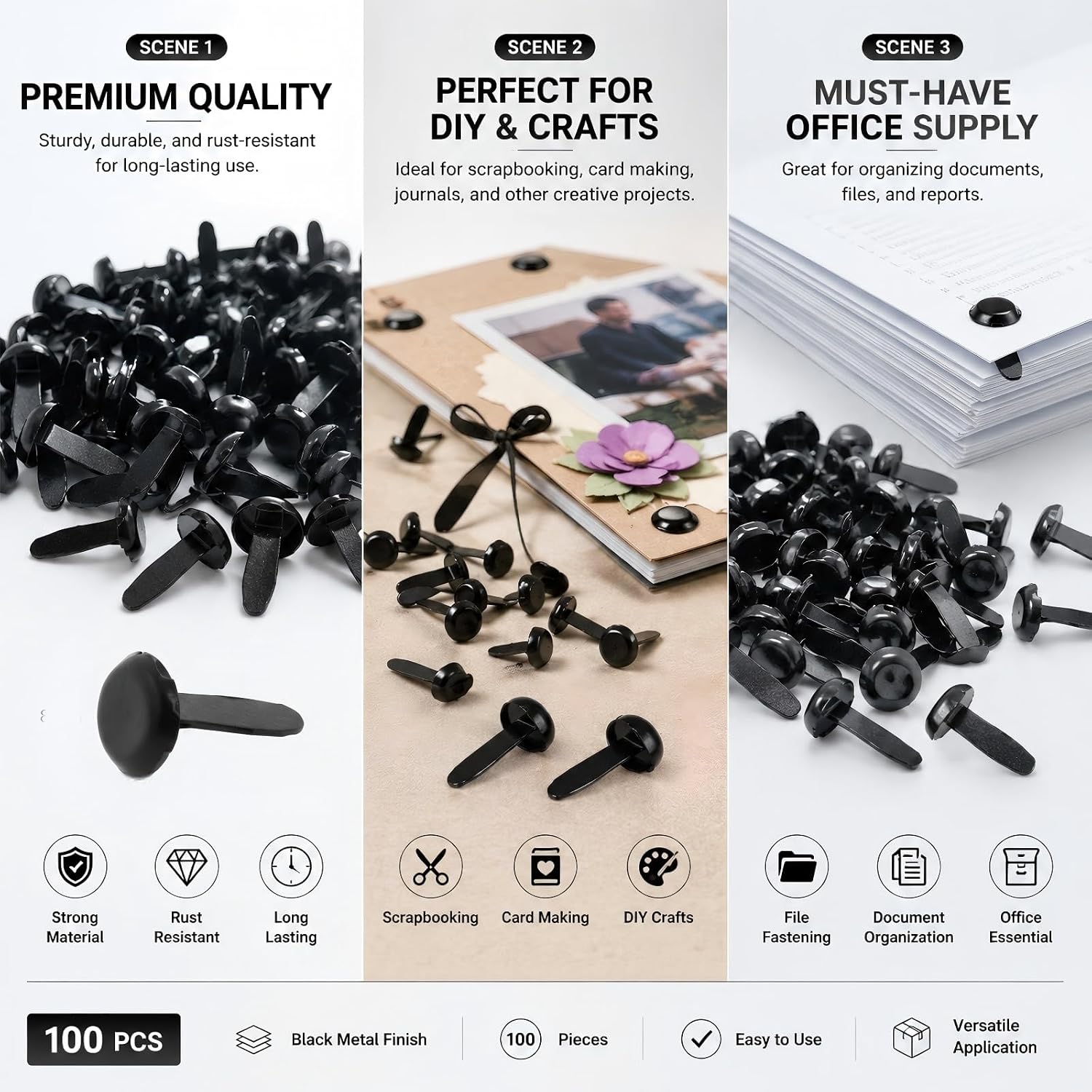 100PCS Black Mini Metal Brads Paper Fasteners Round Brass Fasteners for Kids Craft Art School Project Scrapbooking DIY Supplies