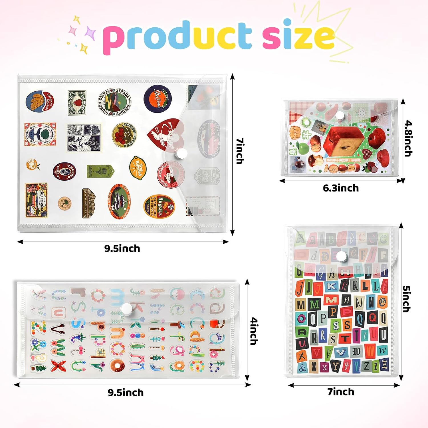 Fyoutt 12Pcs Sticker Organizer Clear Plastic Envelopes, 4 Sizes Storage Bag