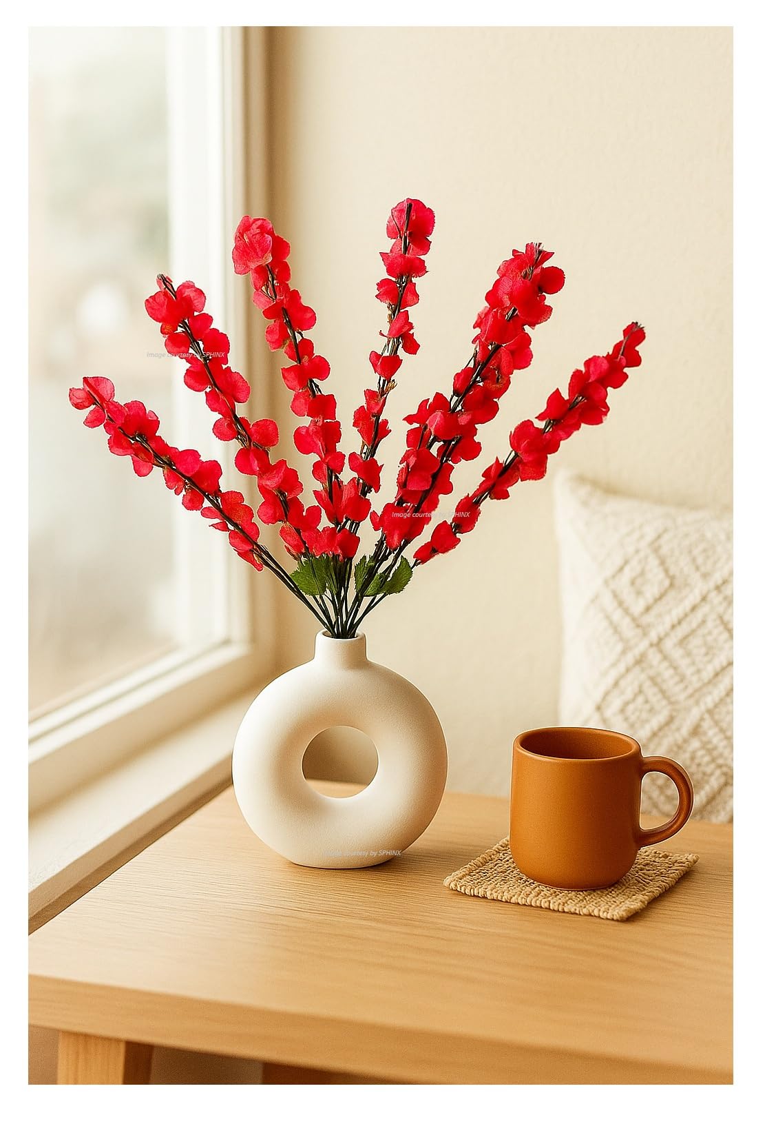 SPHINX Ceramic Vase with Artificial Flowers| Flower Vase for Home Decor,Living Room,Dining Table & Office| Boho Minimalist for Decoration, (Donut with 2 Cherry bunches) flower colour as per stock )