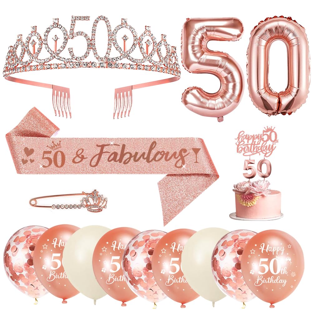 50 Anni Decorazioni Compleanno Donna, 50° Fusciacca e Diadema Oro Rosa Compleanno, Happy Birthday Cake Topper, Candele di Compleanno Numero e Palloncini, Regalo Donna 50 Anni