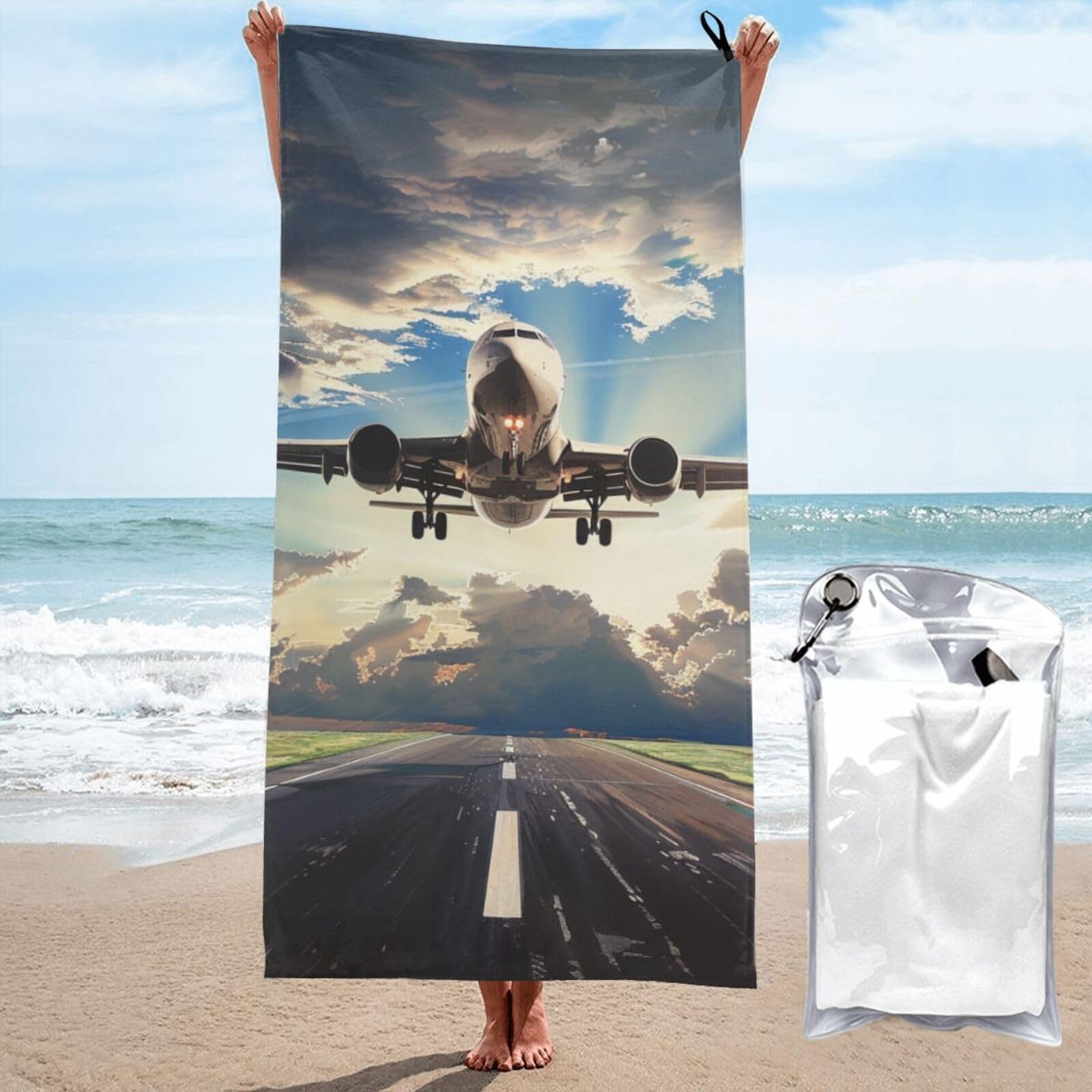 kkvhhyuo Microfiber Beach Towel, Airplane Printed Lightweight Quick Dry Travel Bath Sheet with Compact Carry Bag for Swimming Yoga Camping Gym,27.5"x55"