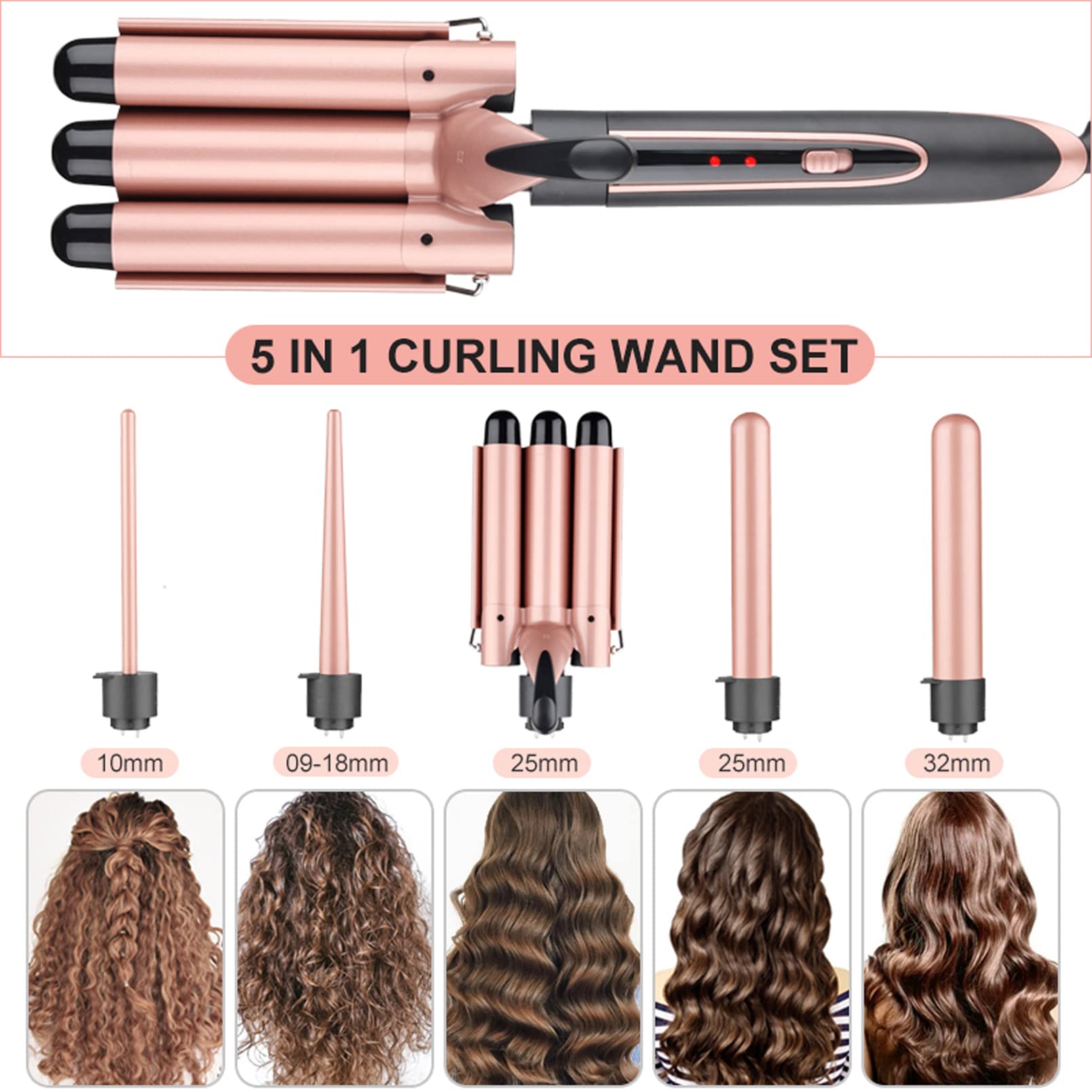 Curling Iron Set 5 in 1 PTC Ceramic 360-Degree Revolving Design with LED Light 2 Heating Modes for All Hair Types Styling