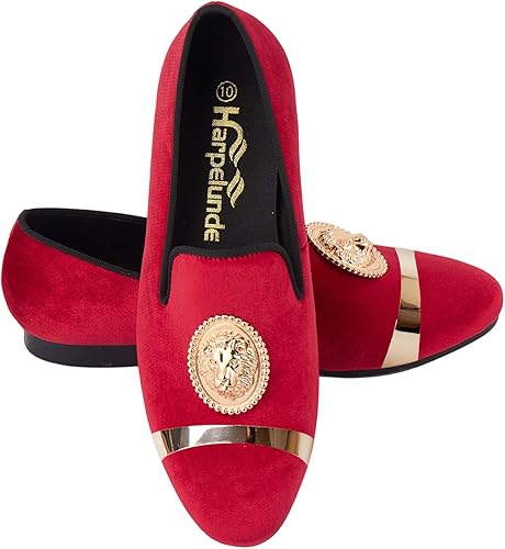Mocasines de terciopelo rojo para hombre con hebilla de animal dorado y placa hechos a mano