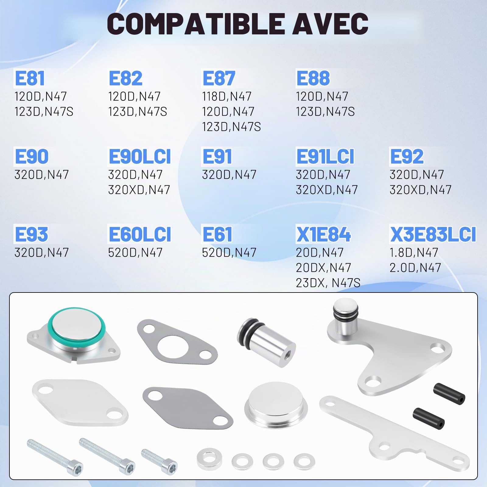 Kit de Suppression Vanne EGR pour N47 N47S 2.0 Moteurs Diesel, 17 pièces refroidissement EGR Rechange Suppression Compatible avec E81 E87 E88 E82 E90 E91 E92 E93 E60 E61