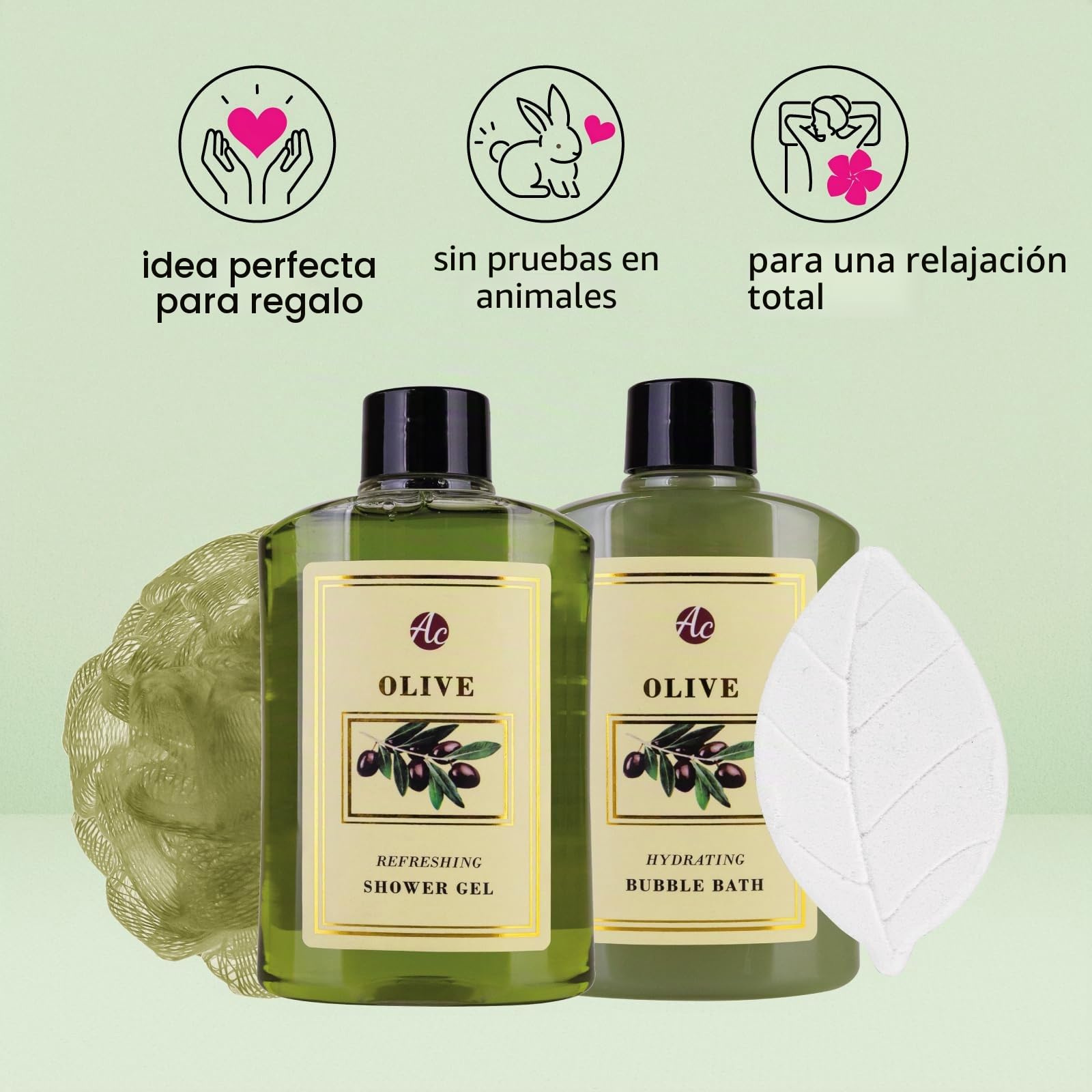 Accentra - Set de baño de regalo para mujer OLIVE en copas de algas marinas, set de ducha regalo con gel de ducha, baño de espuma, bomba de baño y esponja de red, set de bienestar de 4 piezas para