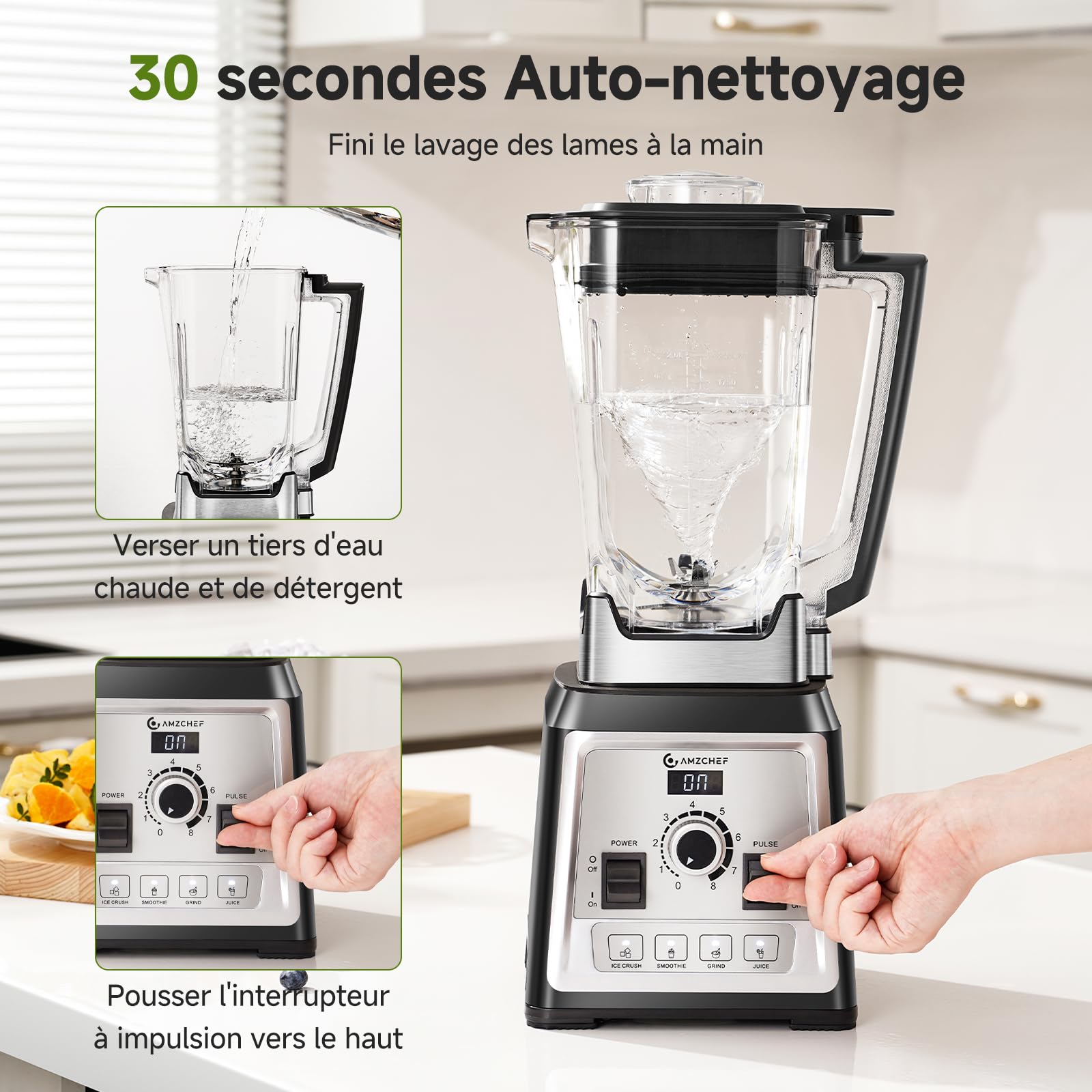 AMZCHEF Blender Professionnel 2000W, Mixeur Puissant 2L, 8 Vitesses & 4 Programmes, Blender Smoothie et Glace Pilée, 25000 Tr/min, 8 Lames Inox, Sans BPA pour Fruits Congelés et Cuisine