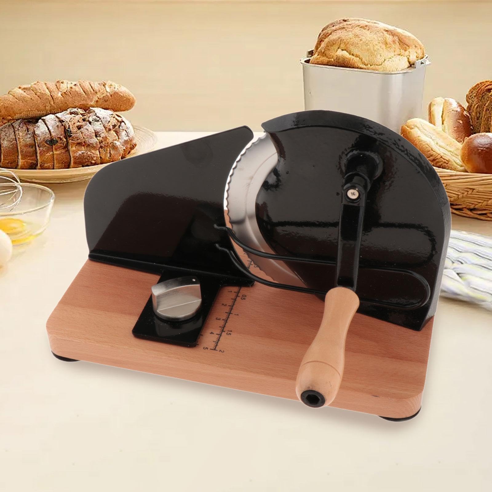 Cortador de Pan Manual Rebanadora Ajustable con Base Antideslizante Escala Incorporada Madera y Acero Inoxidable Adecuado Casero Cocina, Negro, Individual