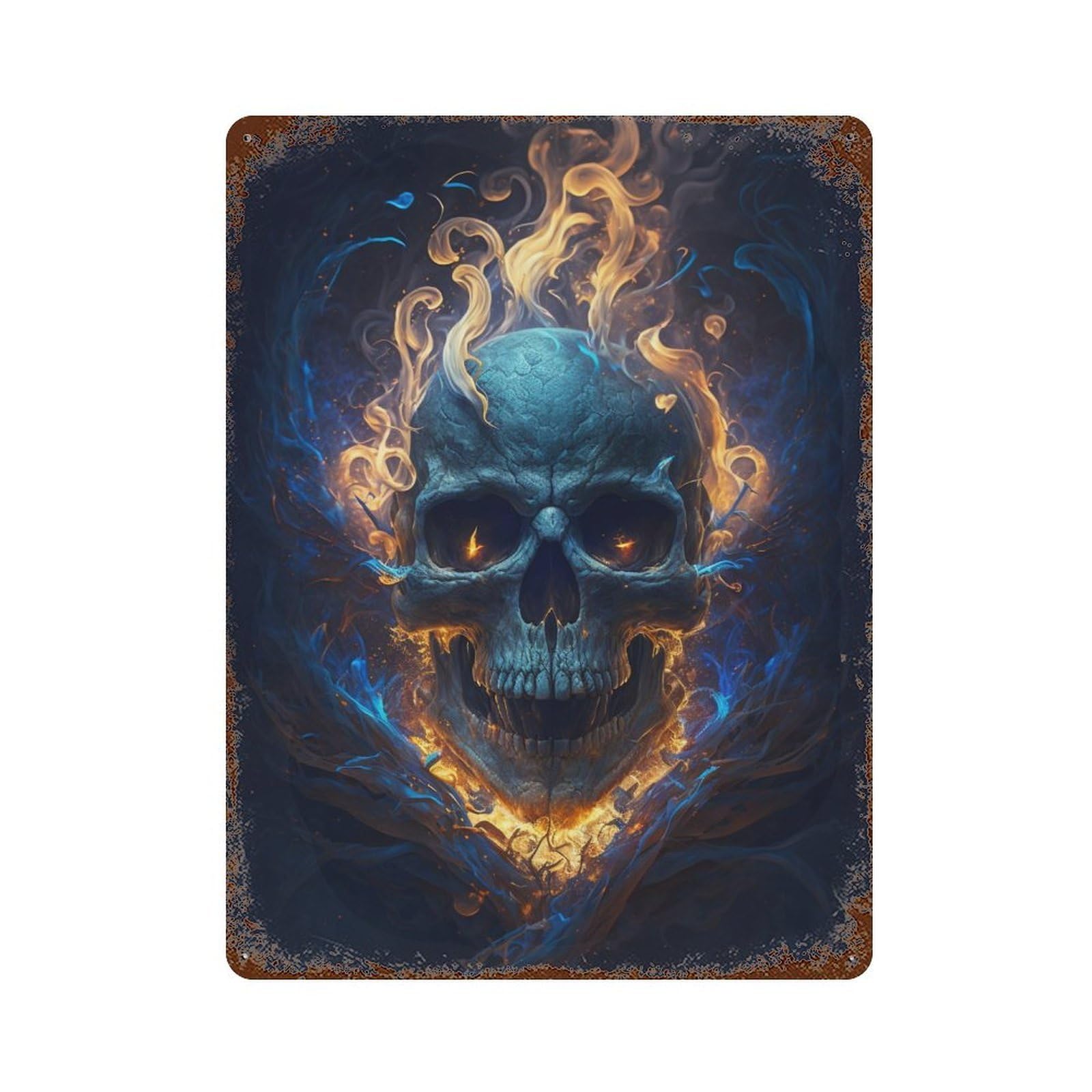Flaming Skull Artwork -9 Aged Metal Wall Plaque 15.7"x11.8", Industrial Home Decor for Garage, Pub Or Kitchen