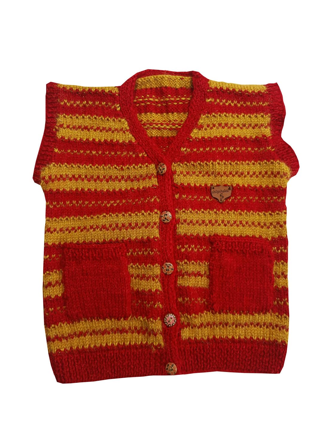 wegmans Woolen Knitted Cardigan with Striped Pattern, Red and Yellow, Button-Up-picture-53