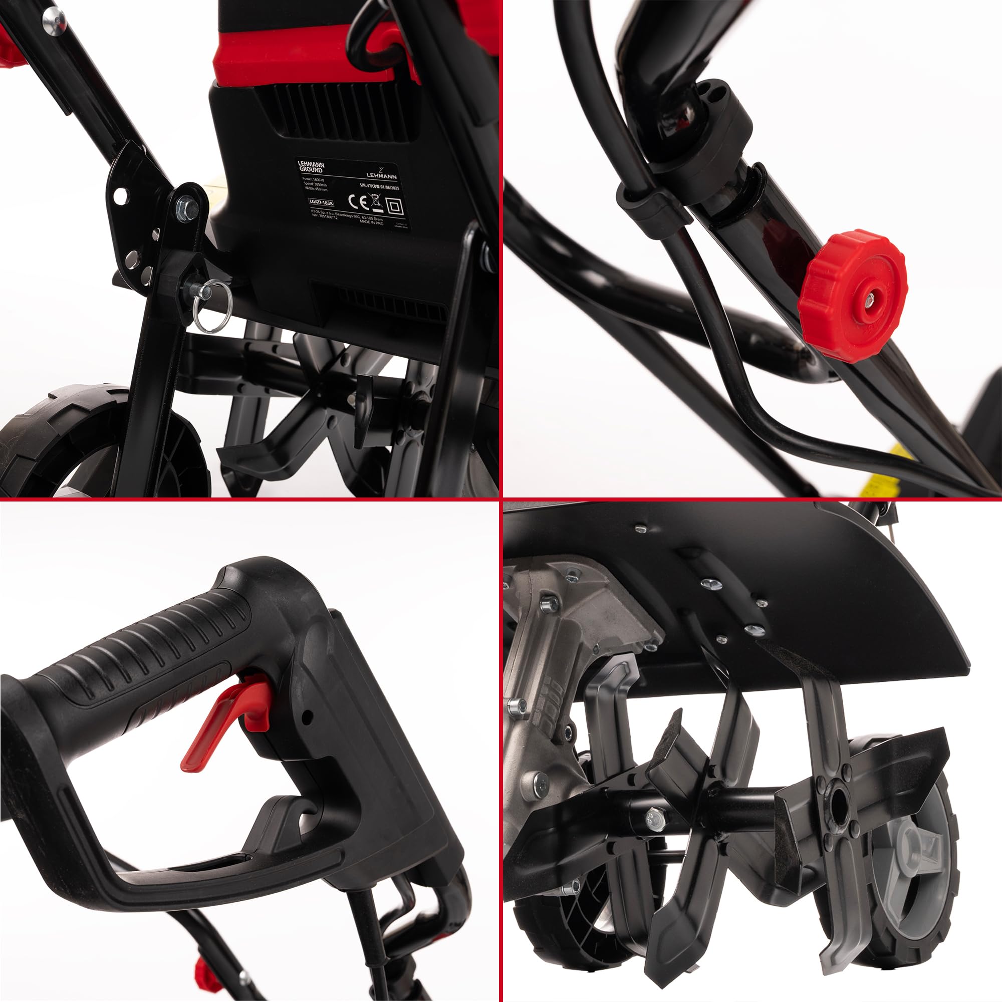 LEHMANN Motozappa Elettrica, 1800 W, Elettrozappa con Larghezza di lavoro 45 cm e Profondità 22 cm, 24 Lame, Ruote di Trasporto, Manico Pieghevole, Zappatrice per Orto e Giardino, Rosso/Nero