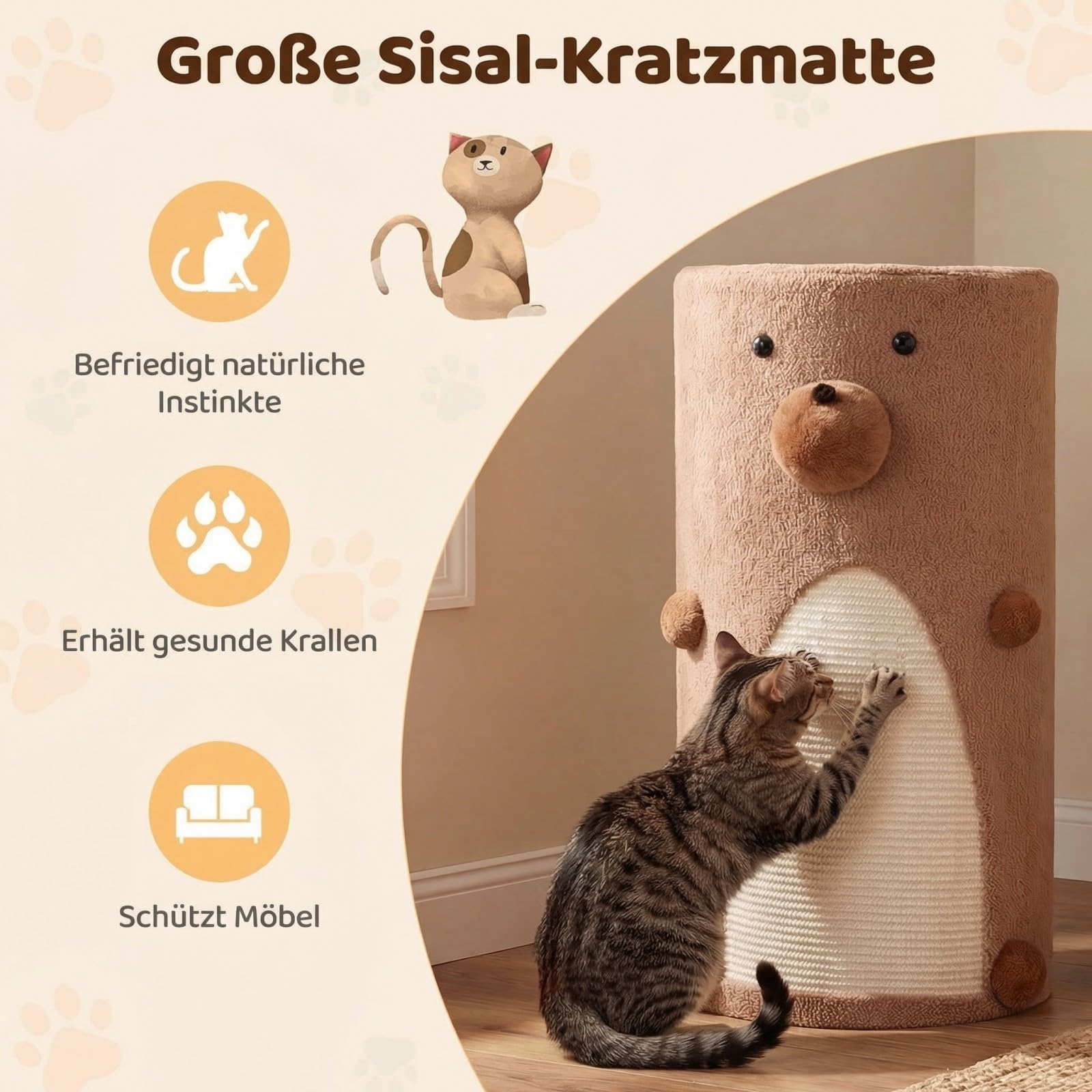 COSTWAY Kratztonne, Ø 35 cm, 66 cm hoch, Katzentonne mit Sisal-Kratzmatte, 2 Katzenhöhlen, Katzenbett, Kratzbaum für kleine und mittelgroße Katzen, Katzenbaum bis 15 kg, Braun