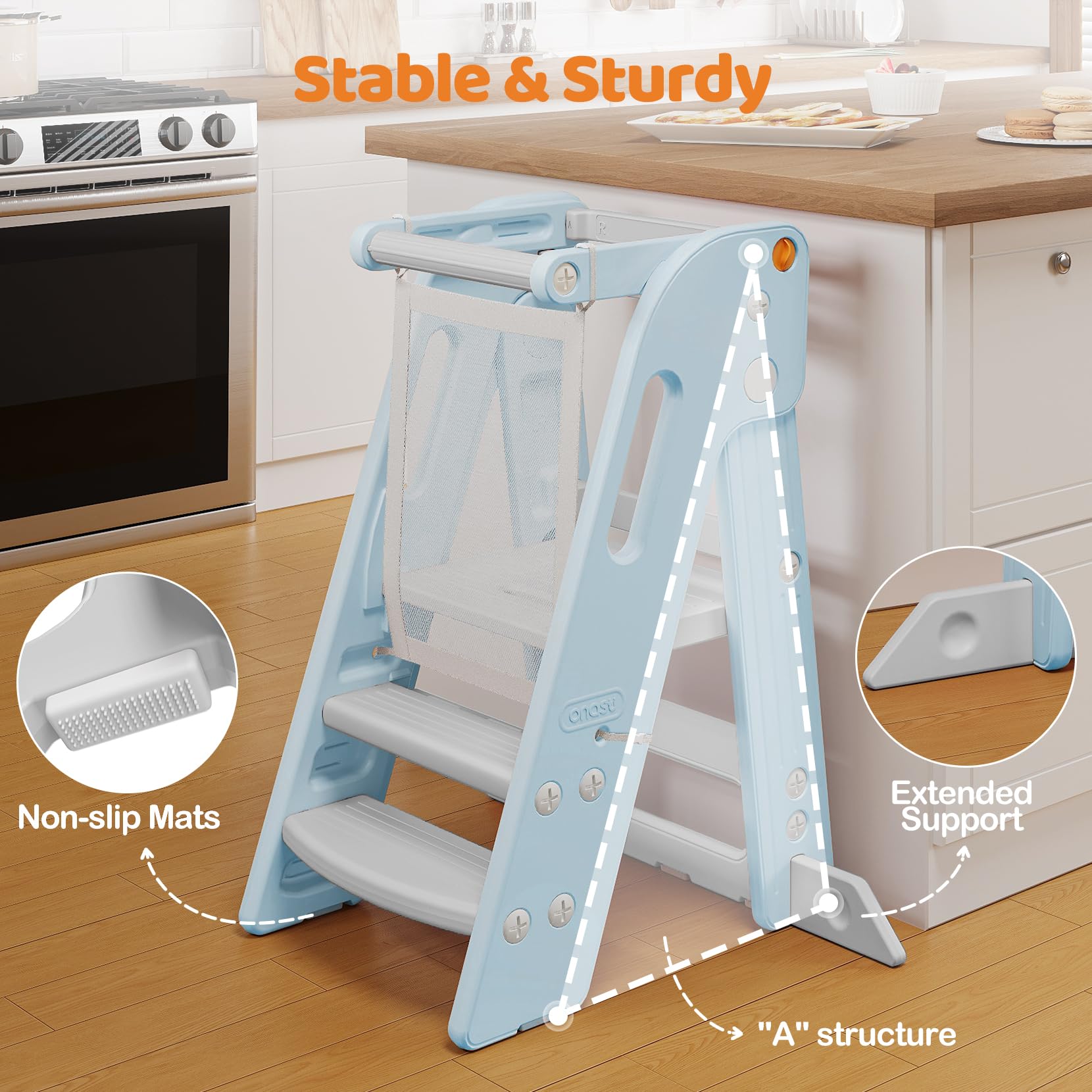 Onasti Torre de Aprendizaje Niños, Plegable, Torre de Aprendizaje Montessori, Escalón para niños Ajustable en Altura de 2 a 3 escalones, Torre Aprendizaje para Cocina, baño y lavabos (Azul)