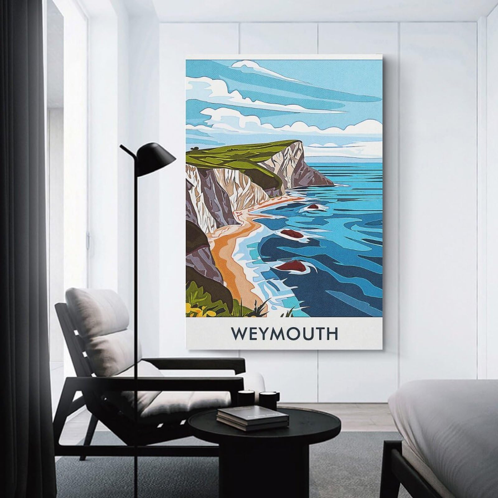 Junmoney Weymouth Coastline Illustration Canvas Art Print, 16x24inch(40x60cm), for Restful Interiors, Bedrooms Or Small Rooms, A Warm Accent for Relaxed Interiors