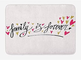 Ruan-Shop Alfombra de baño Familiar, Frase inspiradora La Familia es para Siempre Escritura a Mano Corazones Lindos Felpudos Café pálido Rosa Fuerte Negro