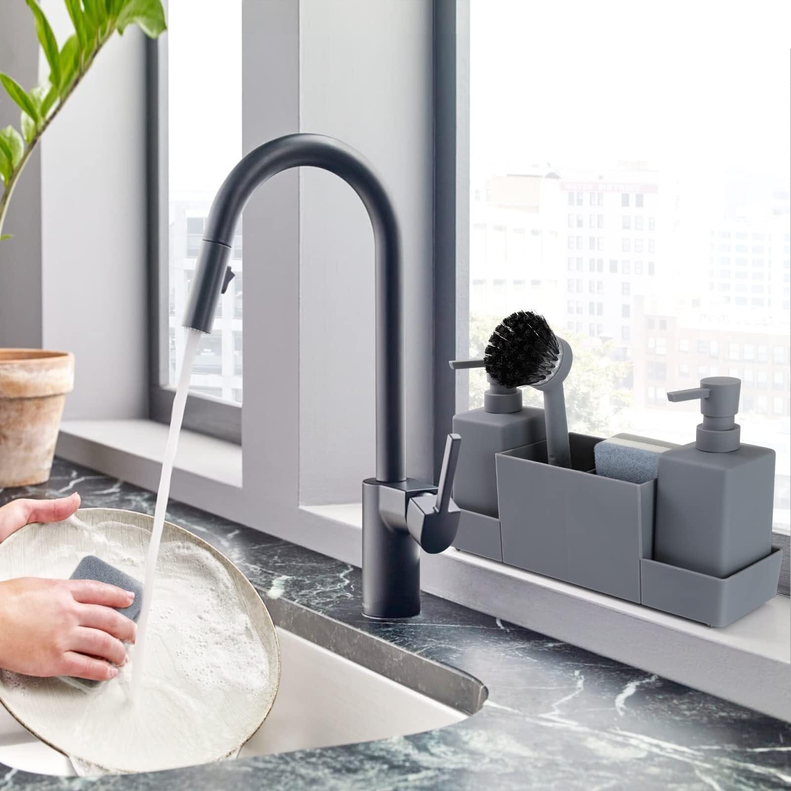 Set dispenser da cucina, adatto for sapone for le mani e detersivo for piatti(Grey)