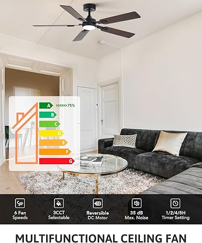 Miniatura 2 de VONLUCE Ventiladores de techo con luces y control remoto, ventilador de techo de 52 pulgadas con 5 aspas, motor CC reversible sin ruido de 6