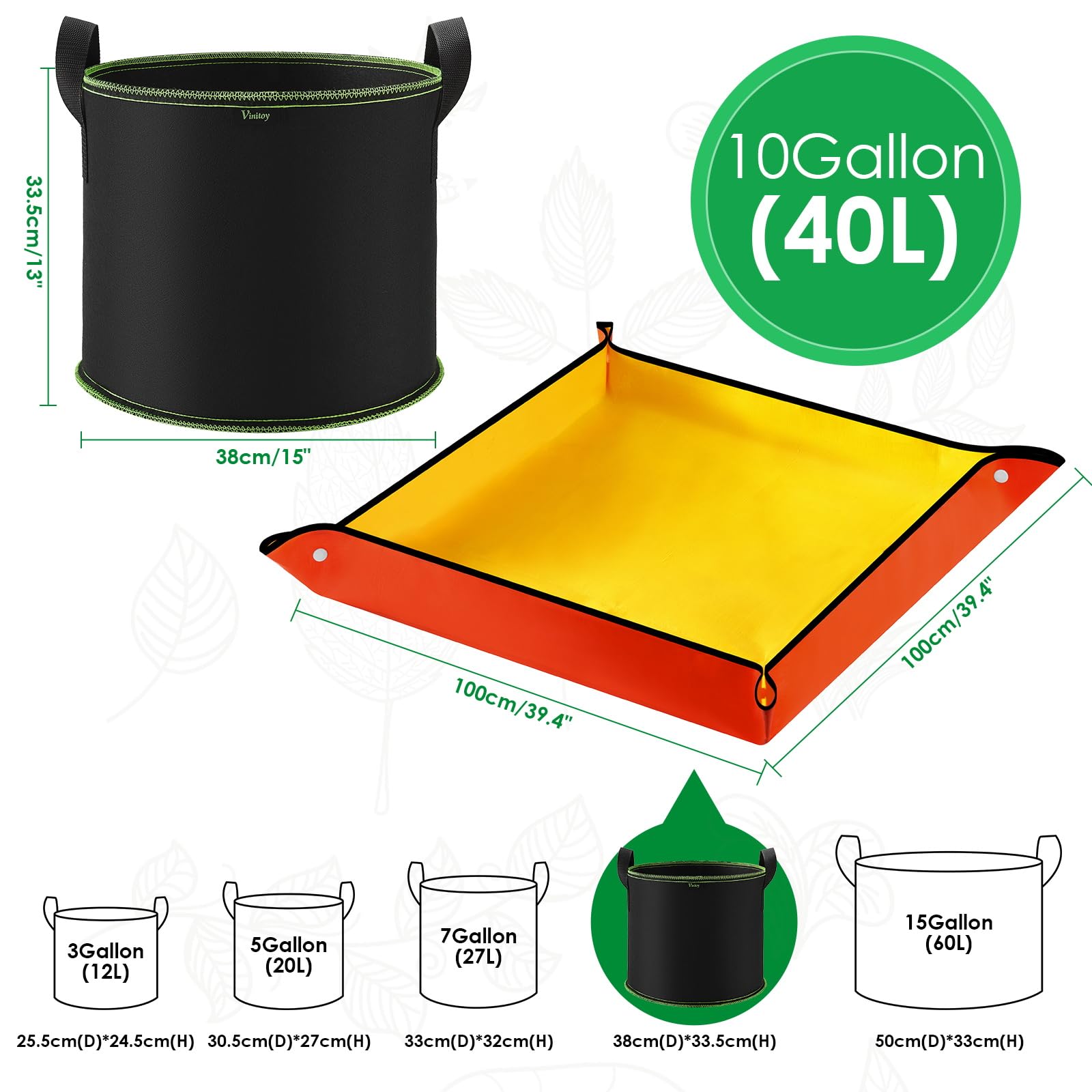 Vinitoy Grow Bags for Vegetables 5 Pack 10 Gallon Heavy Duty Thickened Nonwoven Fabric Pots with Handles and 100cm x 100cm Potting Mat for Potatos Tomatoes - Image 2