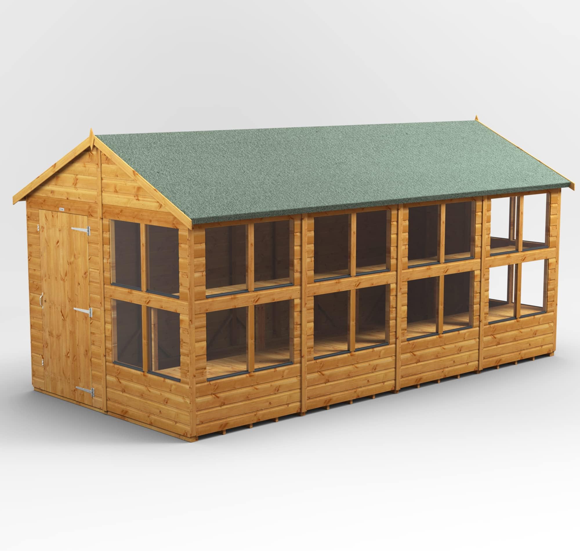 POWER High-Grade Premium Apex Potting Greenhouse Wooden Shed with Security Features, PVC Window sills, Door & Window Flexibility, made from 12mm Extra Thick Timber (16x8)