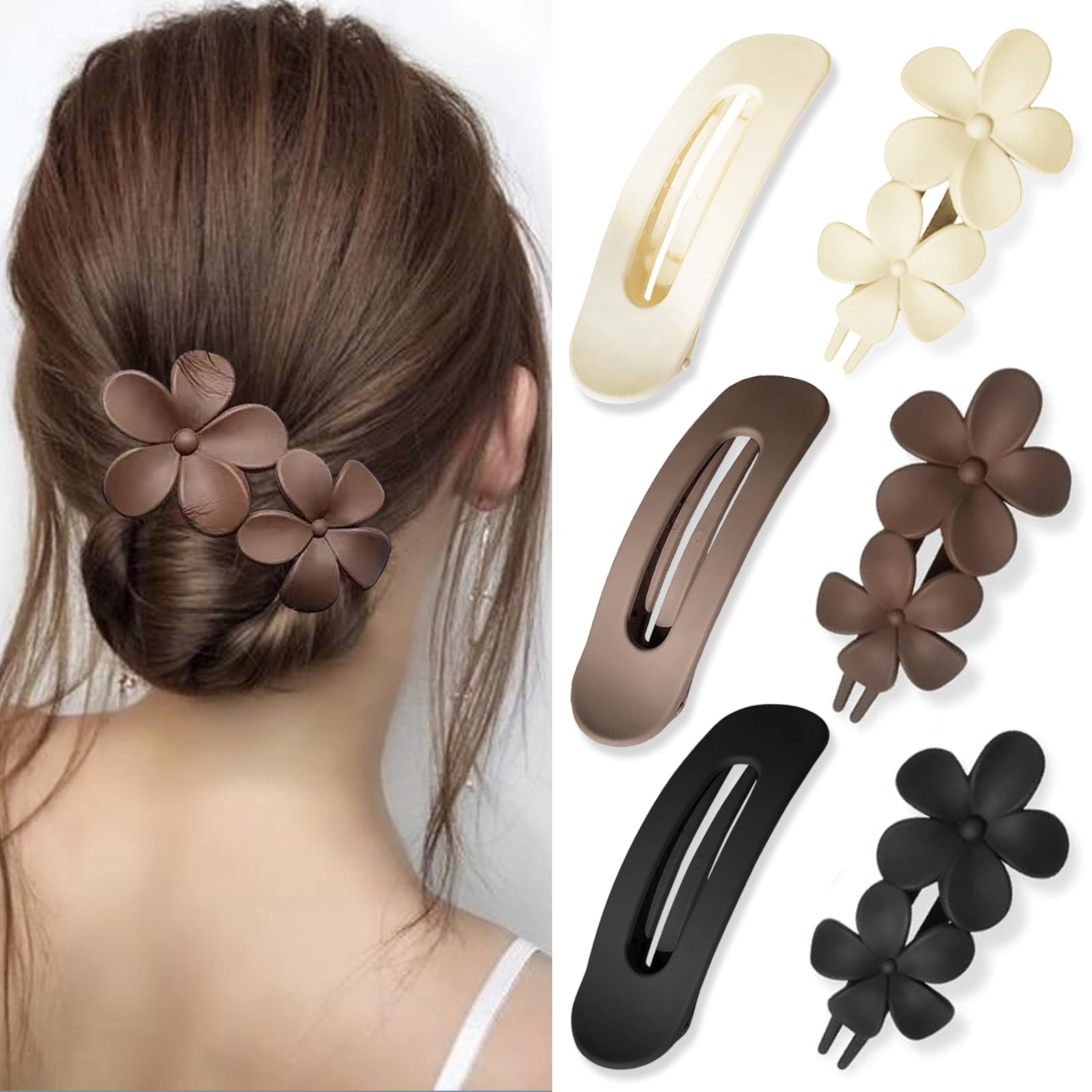 YONOY 6 Pcs Flat Hair Clips, 2 Styles Claw Clips for Thick Thin Hair,Flower Hair Clips Matte French Hair Barrette Stylish Lay Flat Hair Accessories
