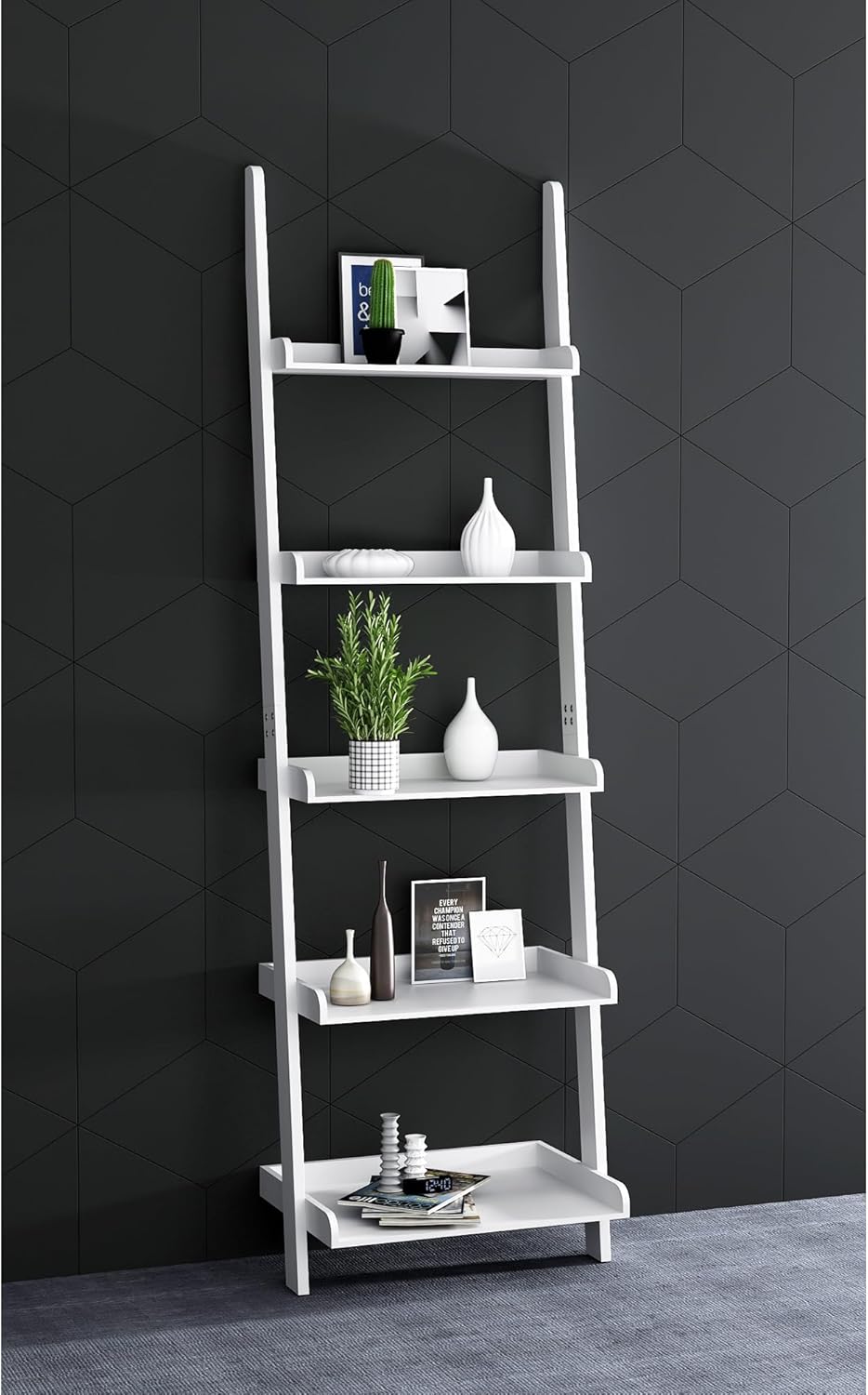 eHemco Modern 5 Tier Wall-Leaning Ladder Bookshelf Organizer, Storage Rack, 70 Inches, White