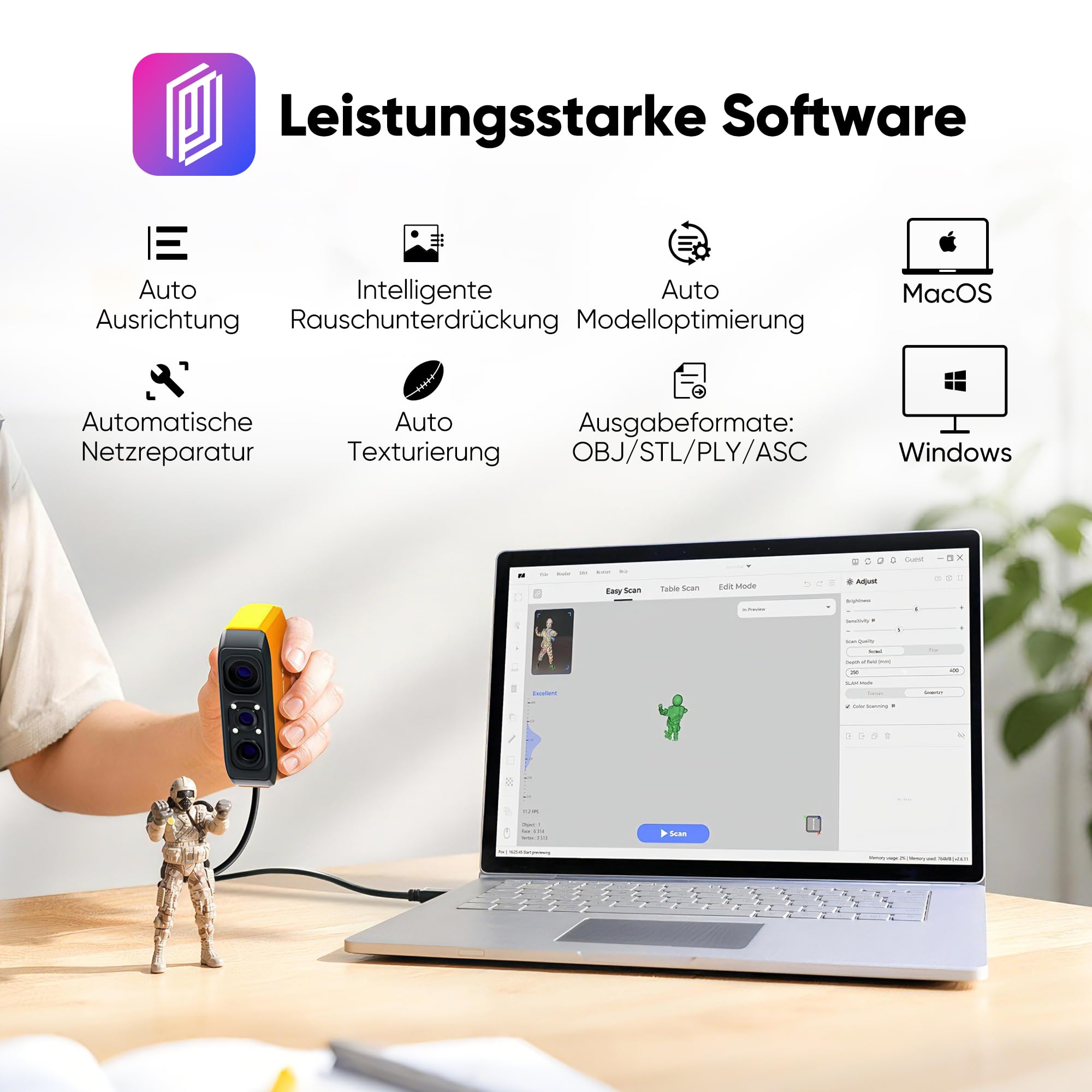3DMakerpro Fox 3D Scanner für 3D Drucker, Handheld 3D-Scanner mit markerloser KI-Verfolgung, 0,07 mm Präzision, Schnelles Scannen für 3D-Modellierung, Einsteiger-freundlich, inkl. Drehteller