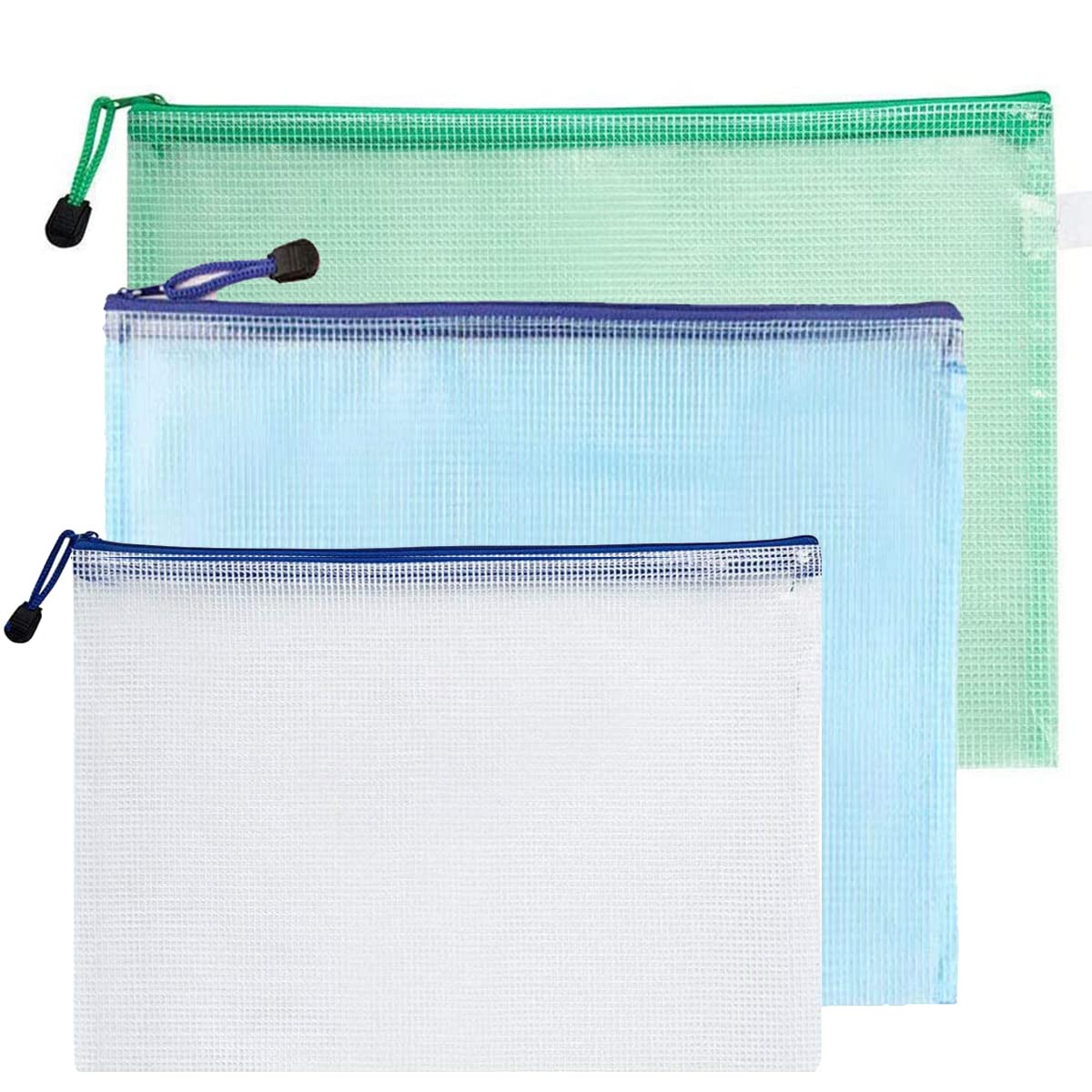 MACHSWON 3Pcs A4 Plastic Zipper Pen File Document Folders Seal Bags Document Bag Pockets Wallets Multicolor(White Blue Green)