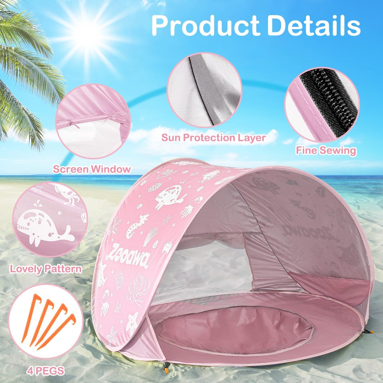 Zooawa Baby Beach Tent, Pop Up Beach Tent Sun Shade for Beach, Portable Shade Pool UV Protection Sun Shelter for Infant with Beach Sand Toys Set
