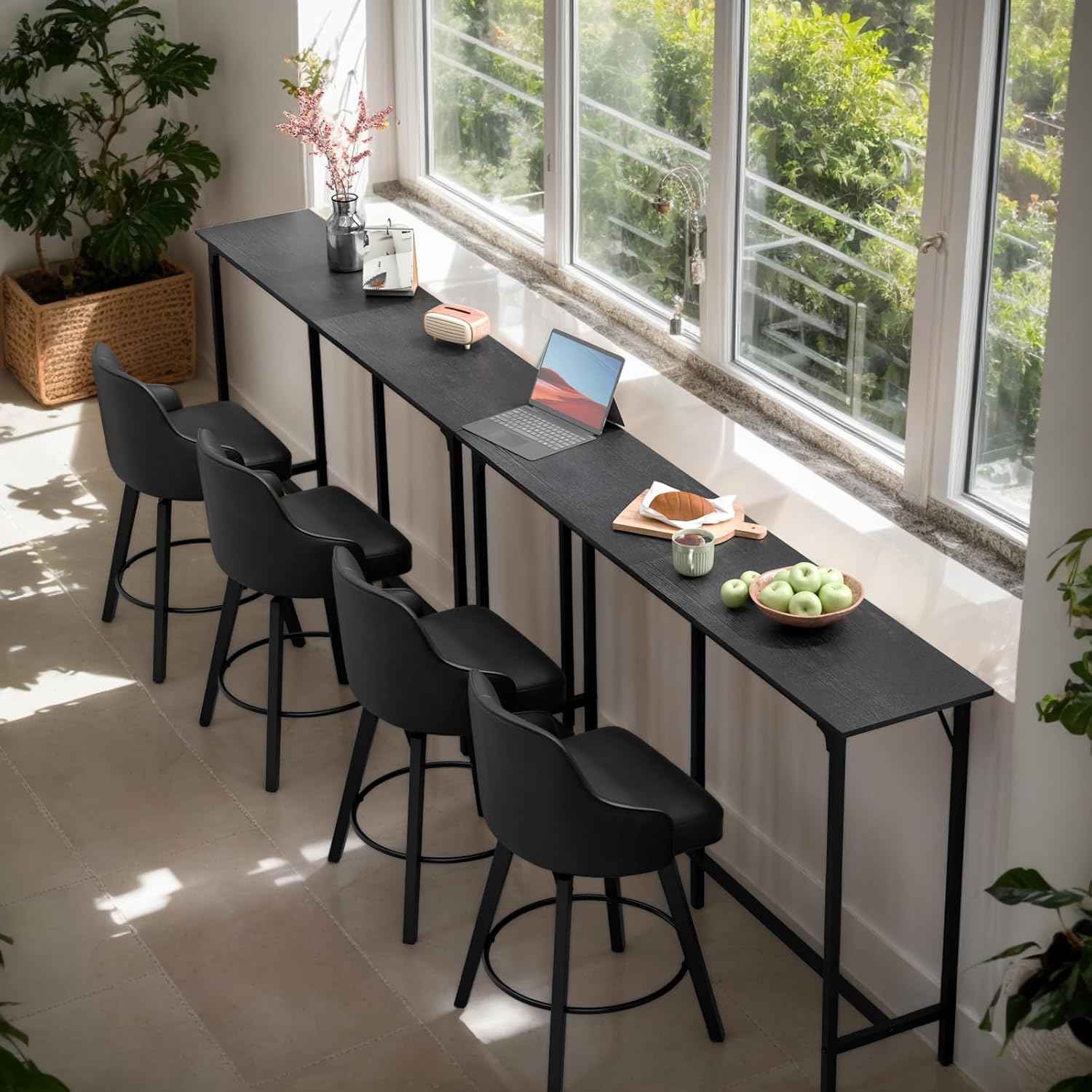 71 inch Black MDF & Iron Bar Table Set - Truncated Style, High - Density MDF Top, Iron Frame, Adjustable Feet, Waterproof, Scratch - Resistant, Ideal for Home Bars, Seating Areas & Home Decor