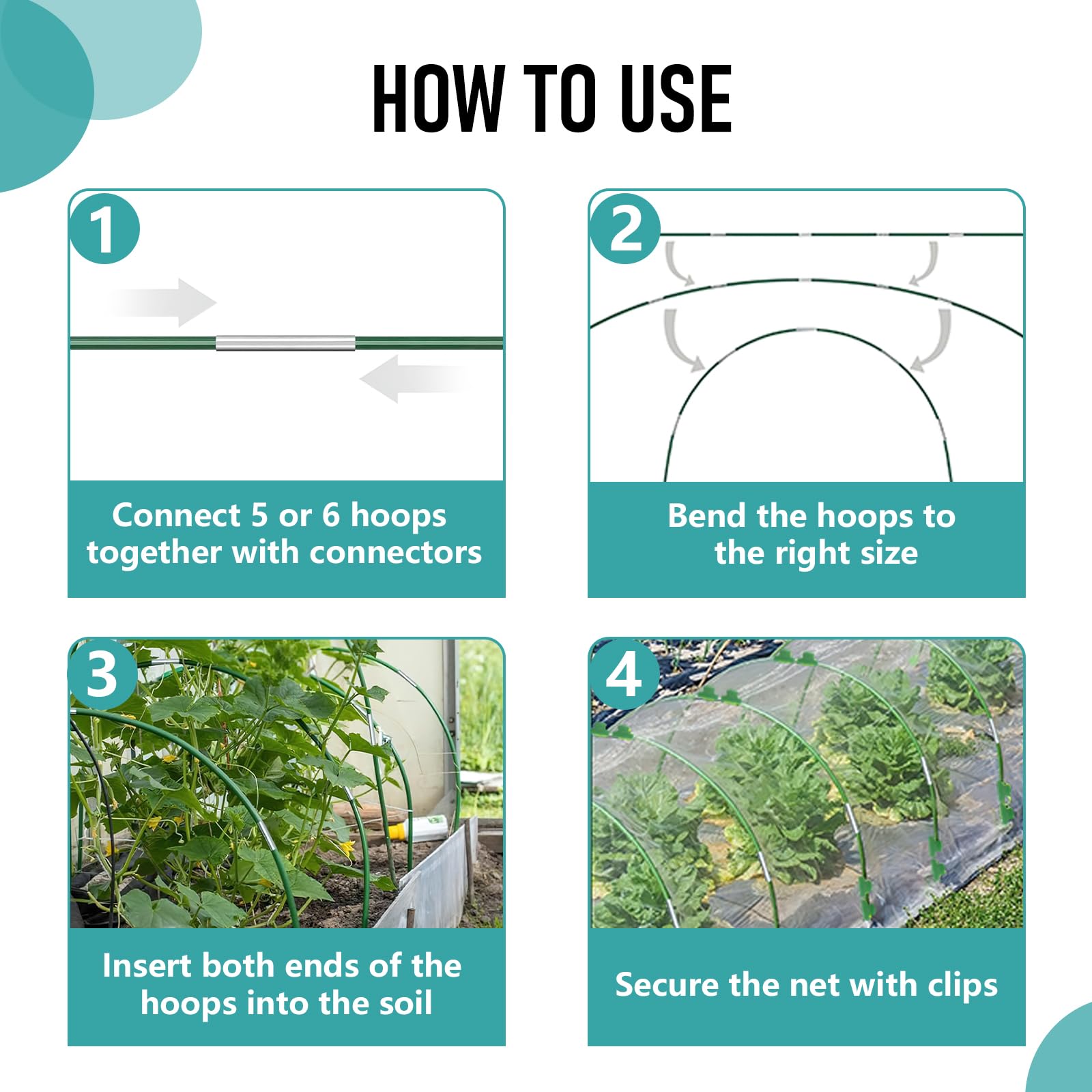 Aros de jardín para camas elevadas, 60 piezas, 10 juegos de aros de invernadero de 8 pies de largo, túnel de cultivo, fibra de vidrio sin óxido, marco para red de jardín, cubierta de hilera