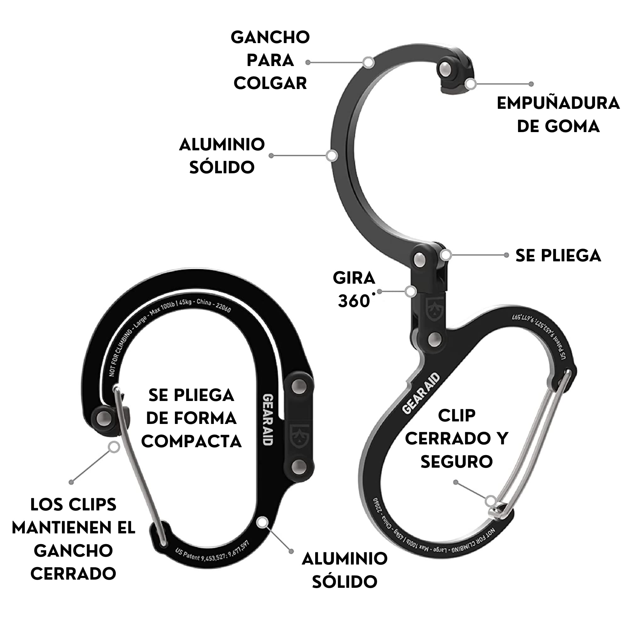 GEAR AID Heroclip Mosquetón con Clip y Gancho Giratorio 360° (Mediano) para Acampada, Mochilas, Maletas y organización de Garaje